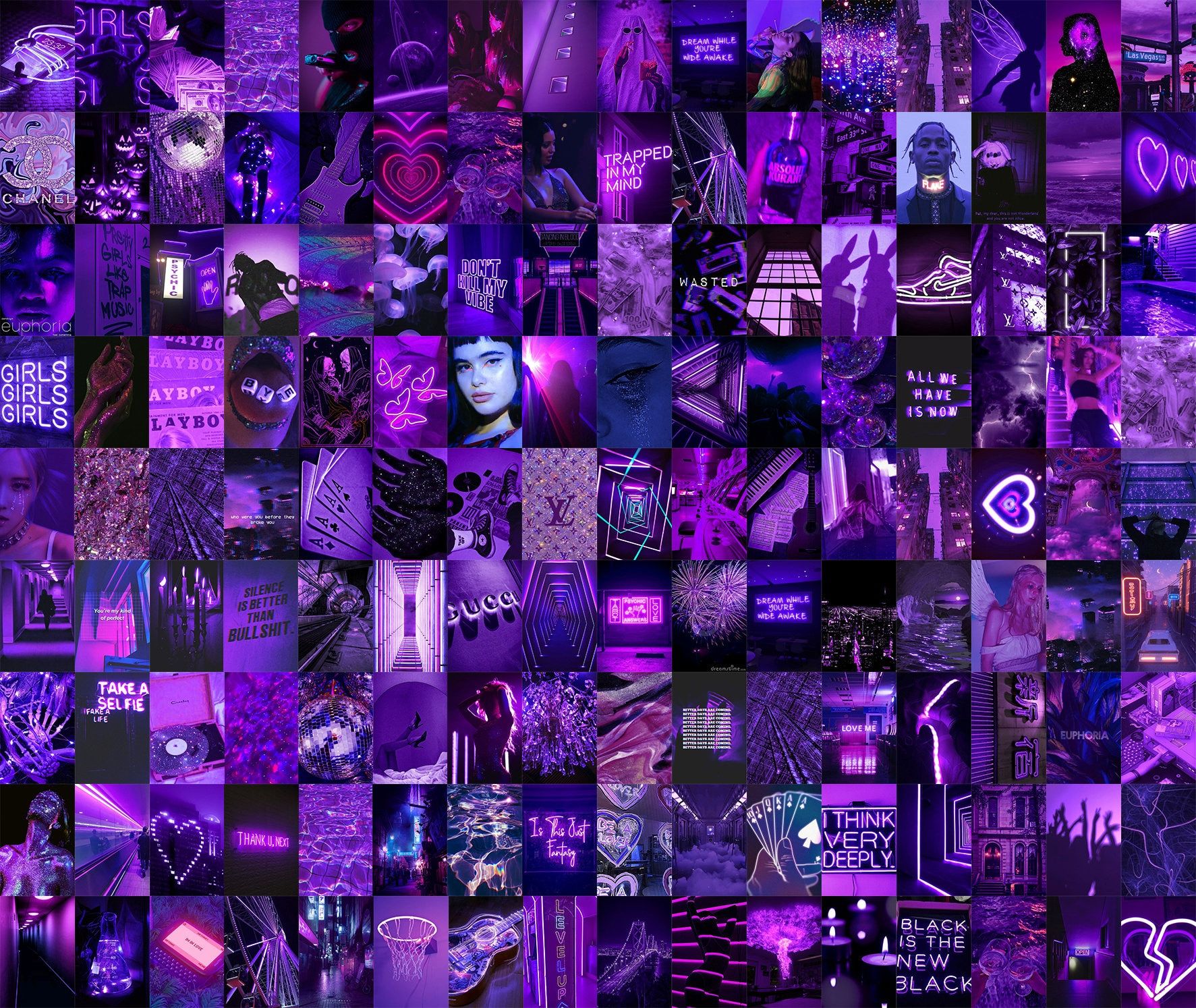 A purple aesthetic collage with a variety of images, including neon signs, people, and quotes. - Dark purple