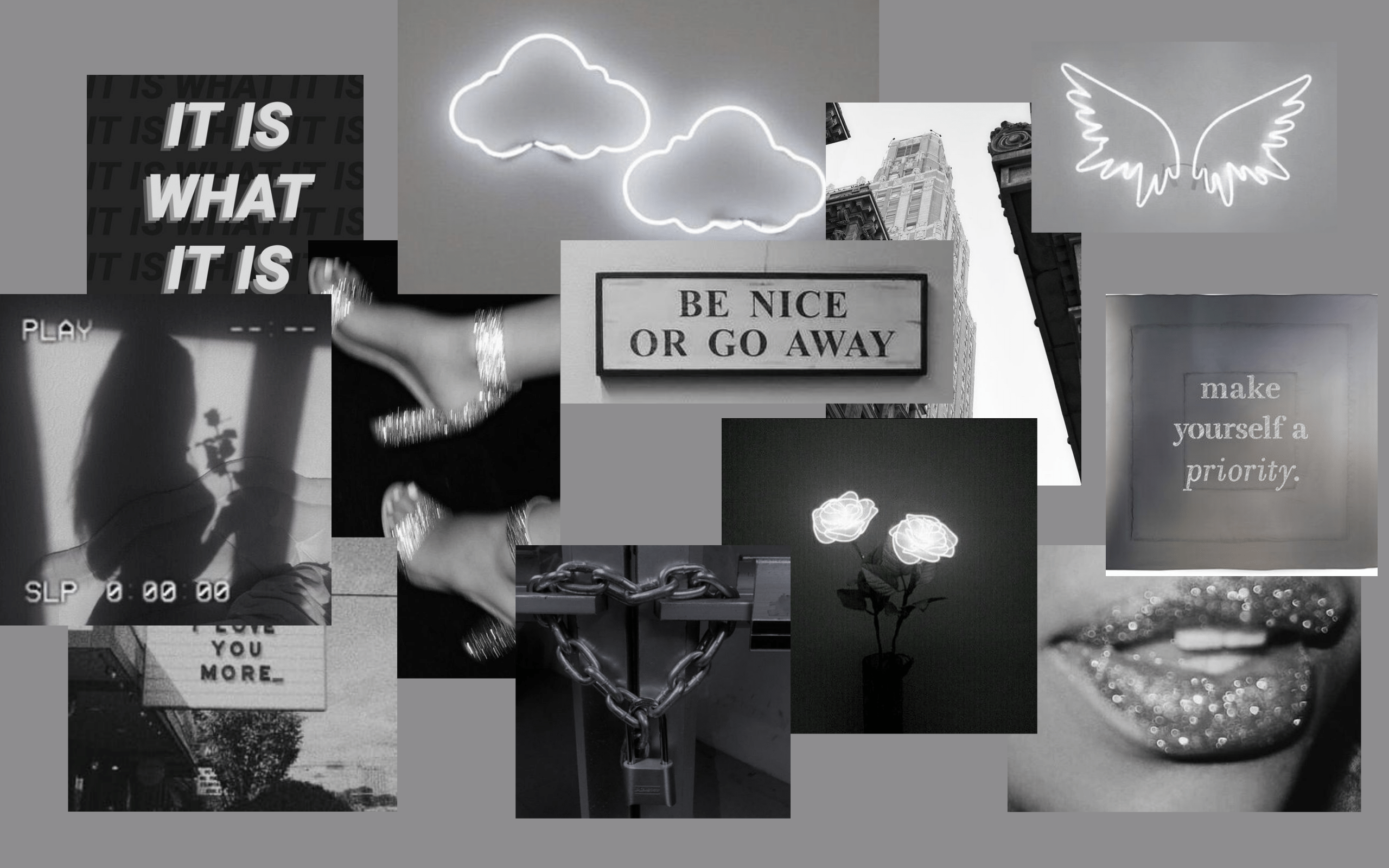 A collage of pictures with different words and images - Gray, silver
