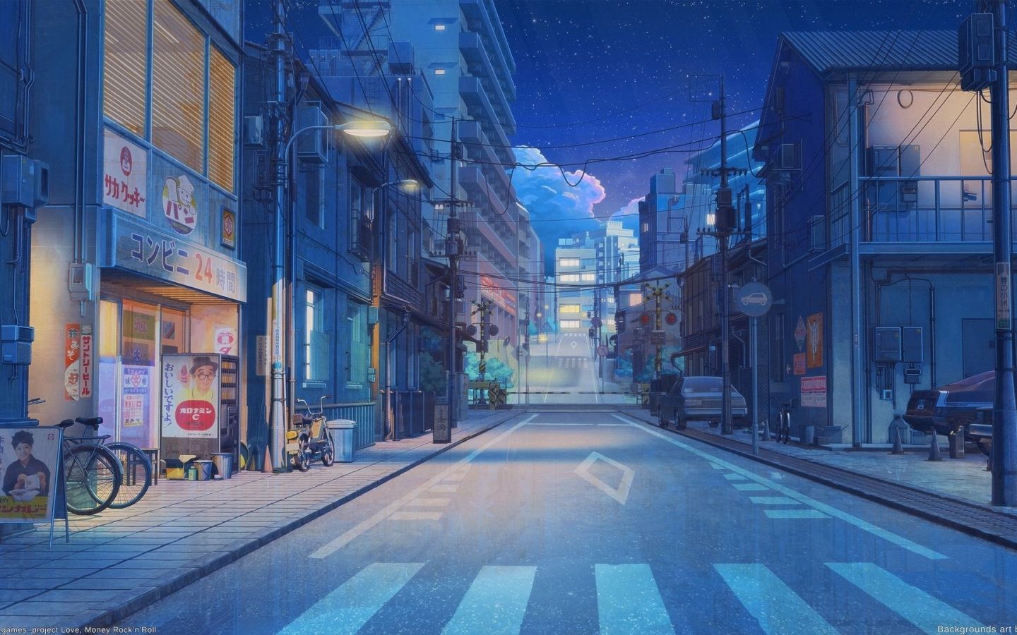 A street with buildings and cars at night - Anime, lo fi, 1440x900