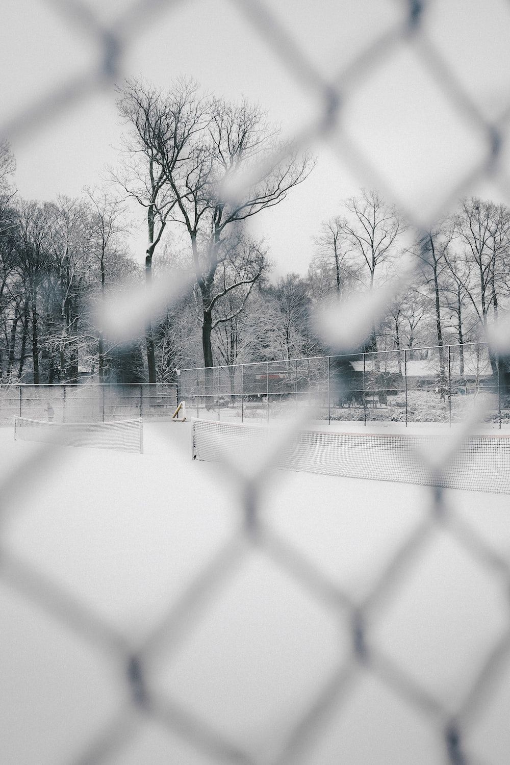 A chain link fence surrounds a snow covered tennis court. - Gray