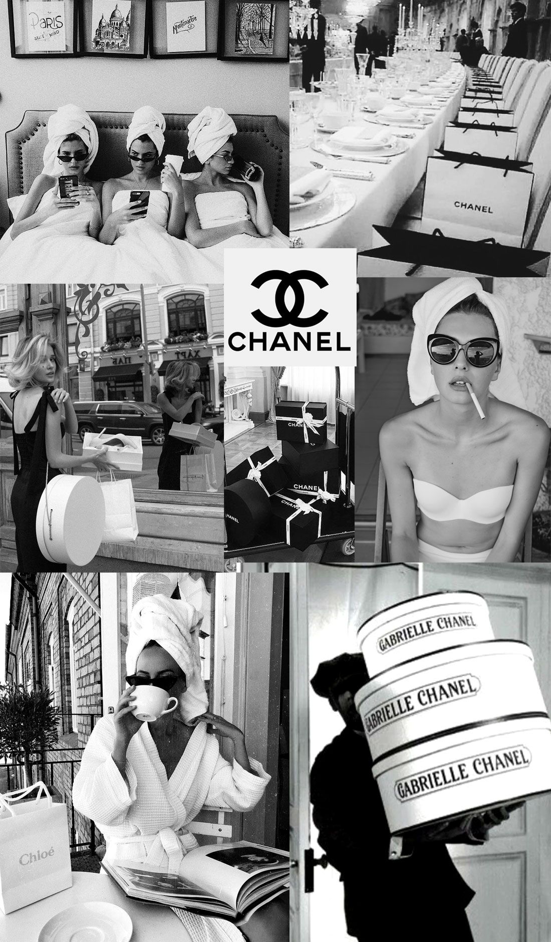 A collage of pictures with chanel products - Paris, gray, black phone, Chanel