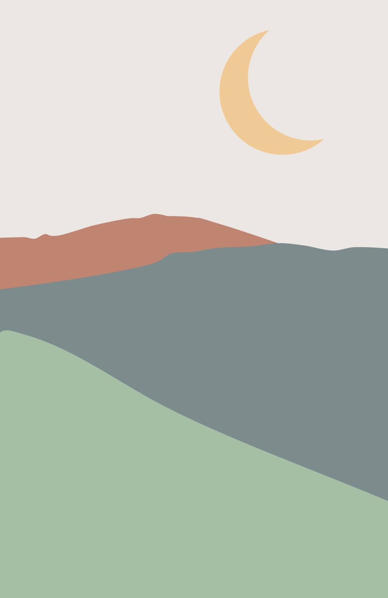 A minimalist landscape illustration with a green hill under a crescent moon - Minimalist, abstract, mountain, landscape