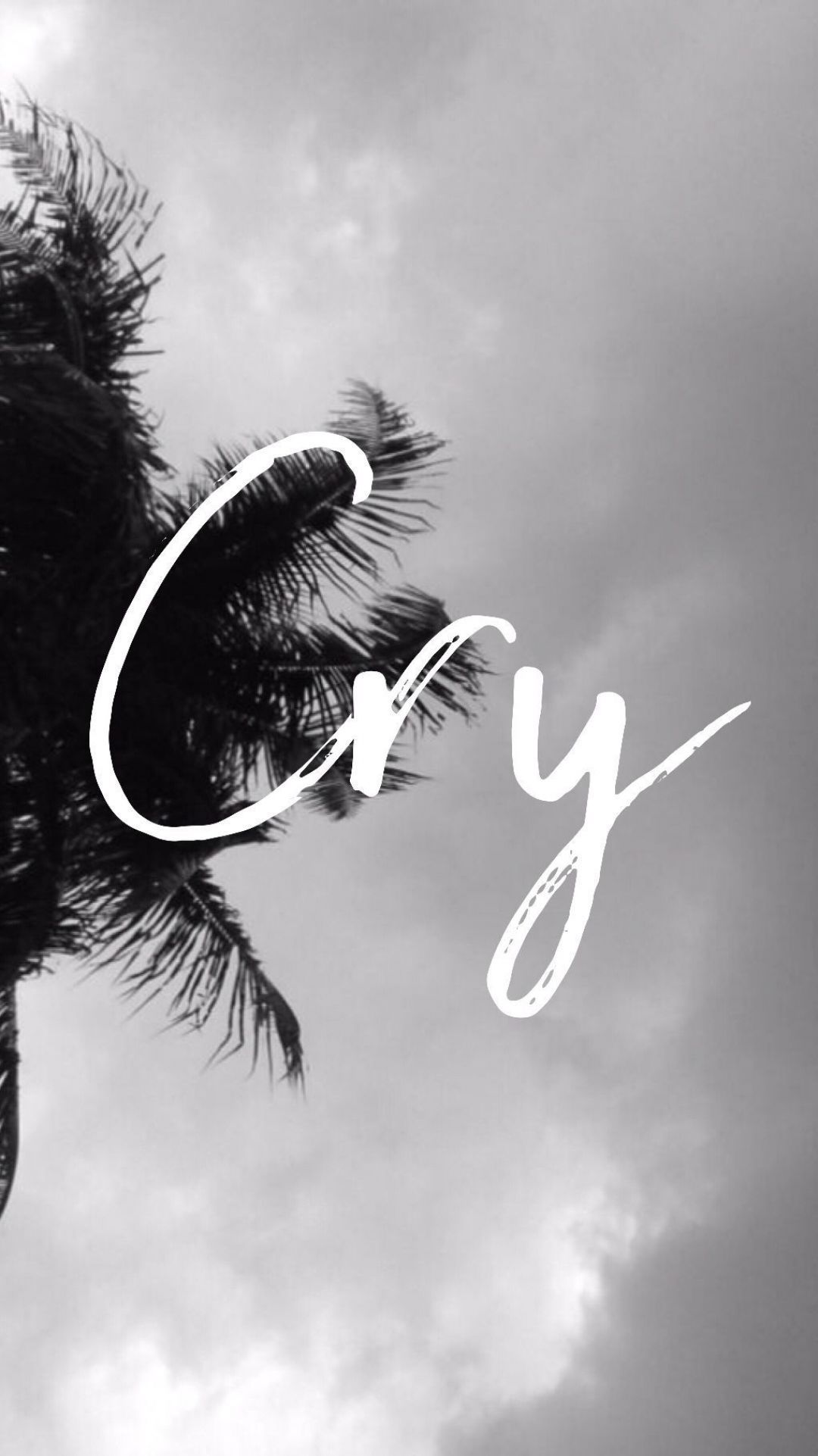 A black and white photo of palm trees with the word cry - Black and white, gray