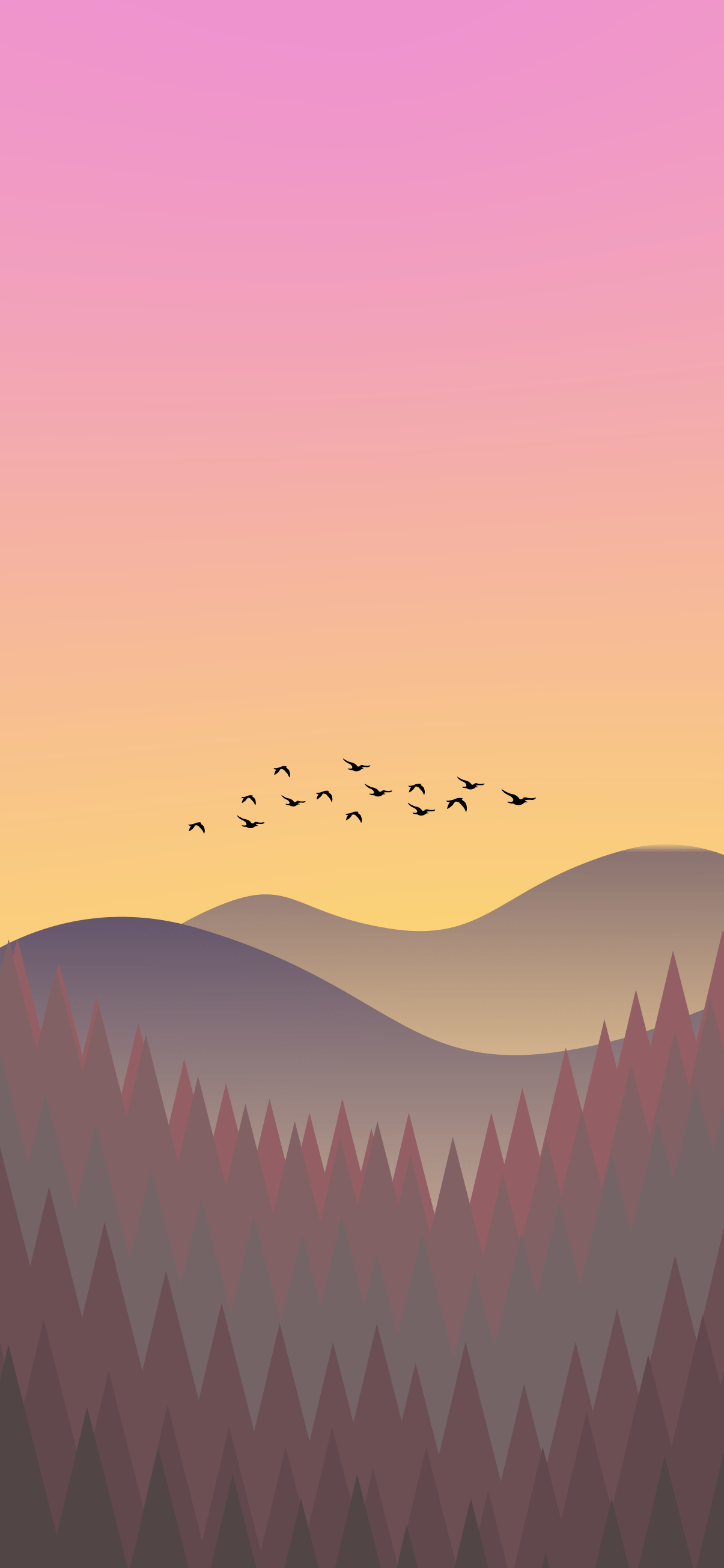 A graphic of a sunset with birds flying over a forest - Minimalist