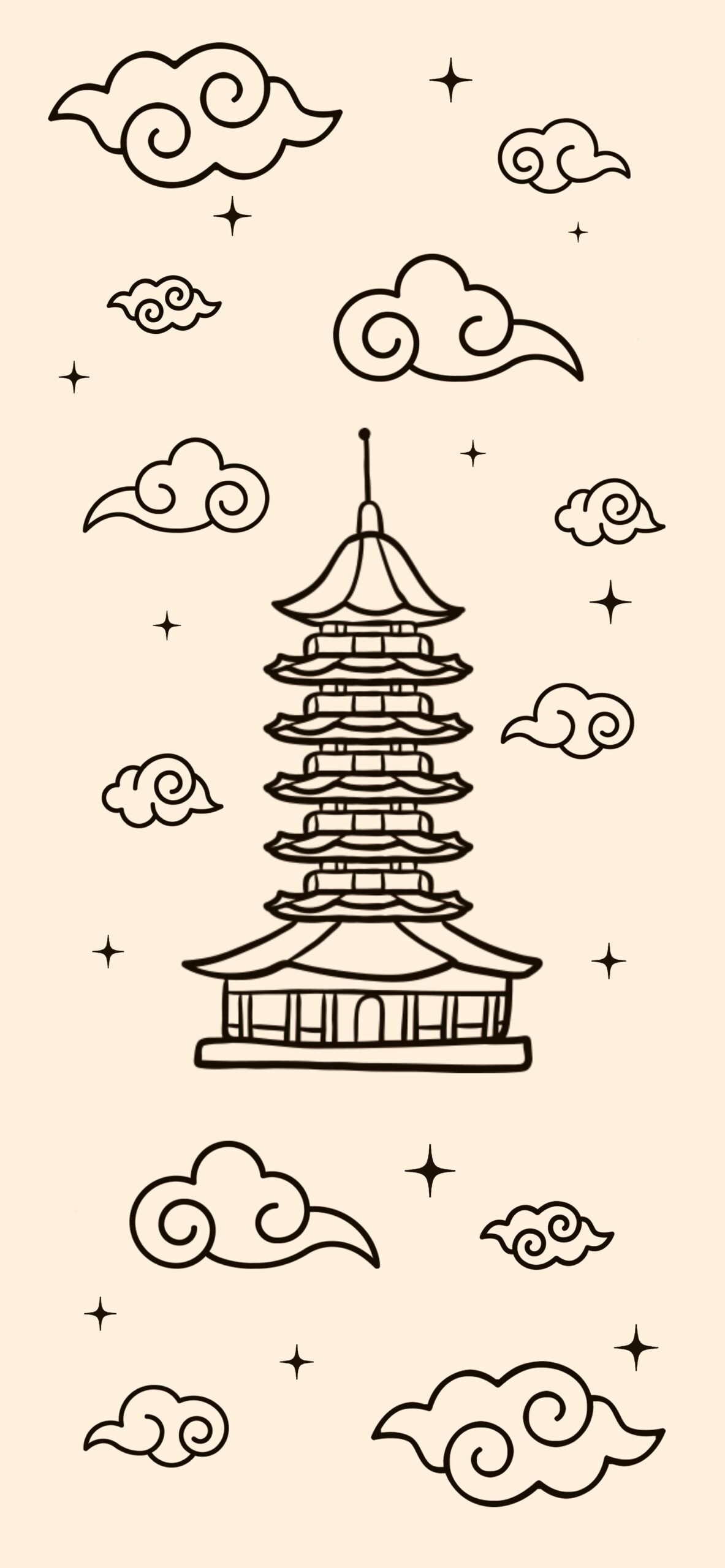 A black and white illustration of a Chinese temple surrounded by clouds - Minimalist, Chinese