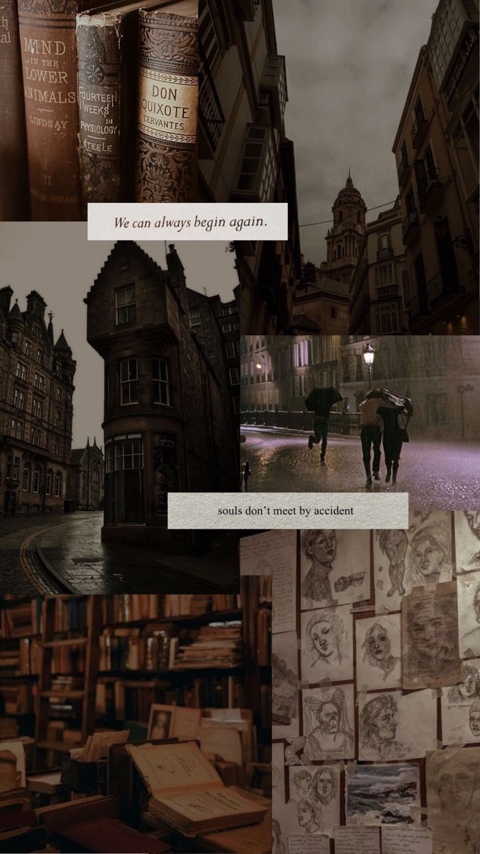 A collage of pictures with books and people - Dark academia