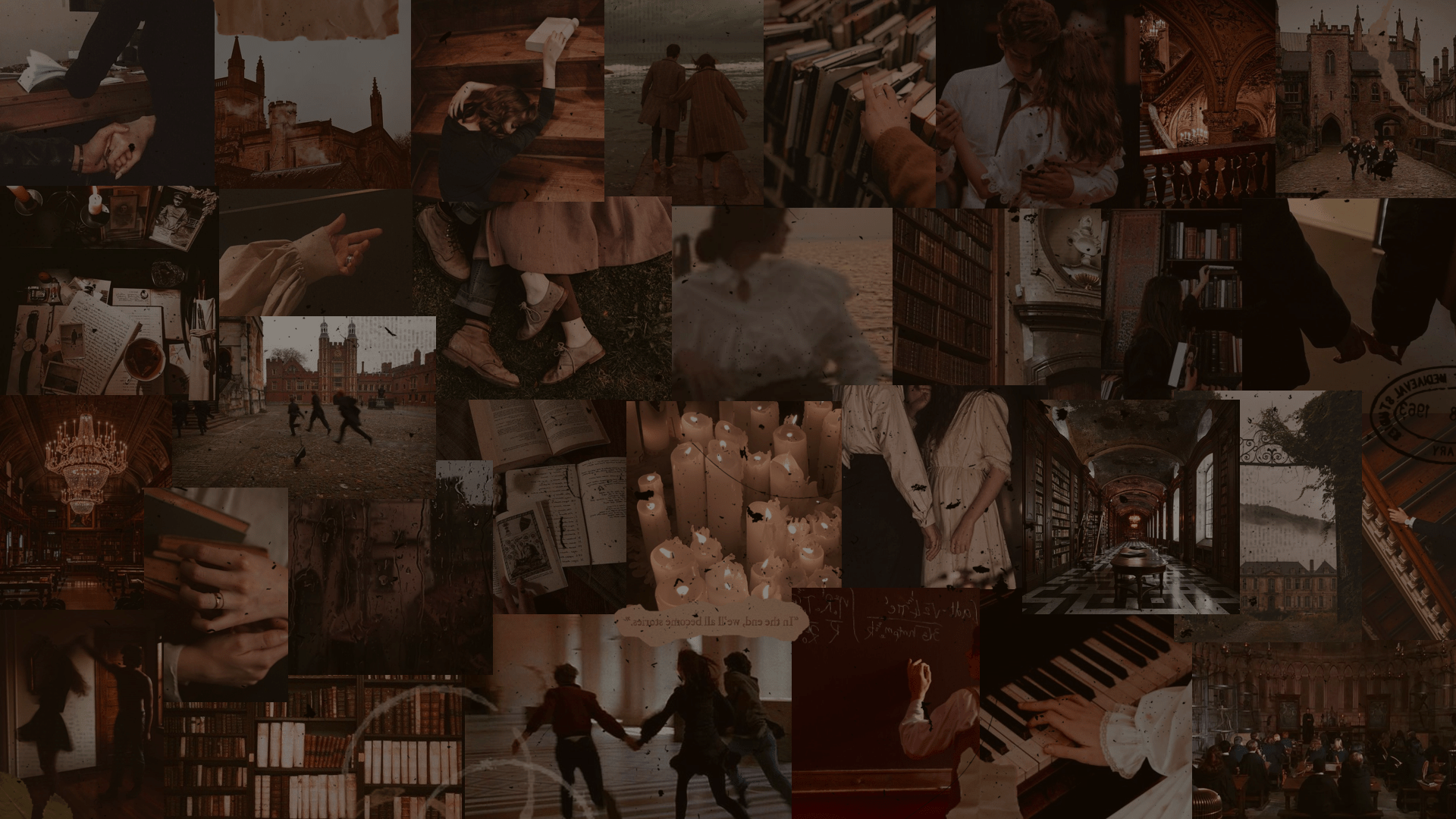 A collage of photos of the Harry Potter series, including Hogwarts, Harry and Hermione walking, and a book. - Dark academia