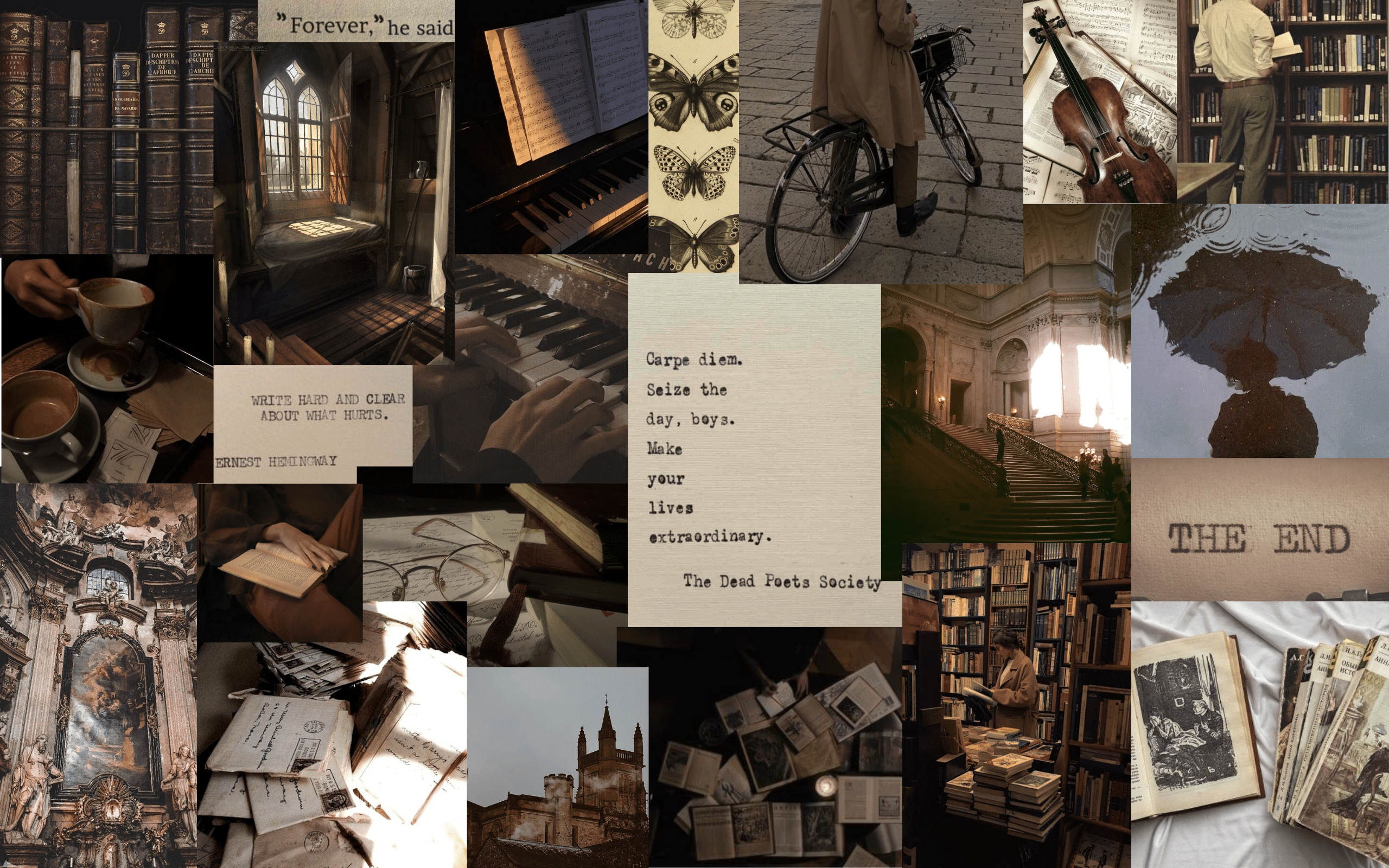 A collage of photos of books, libraries, and writing. - Dark academia