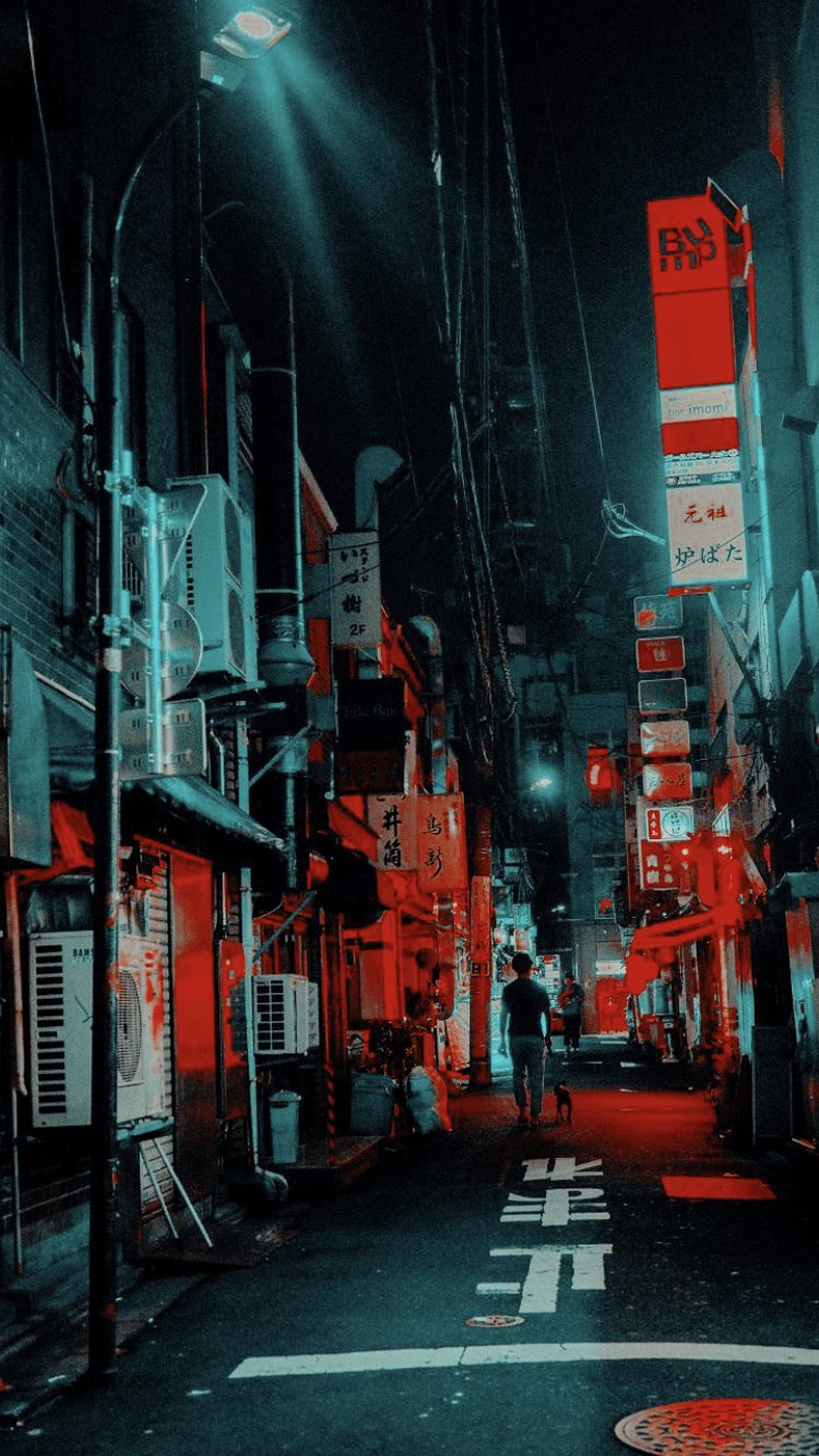 A street with red and green lighting - Japan, anime city