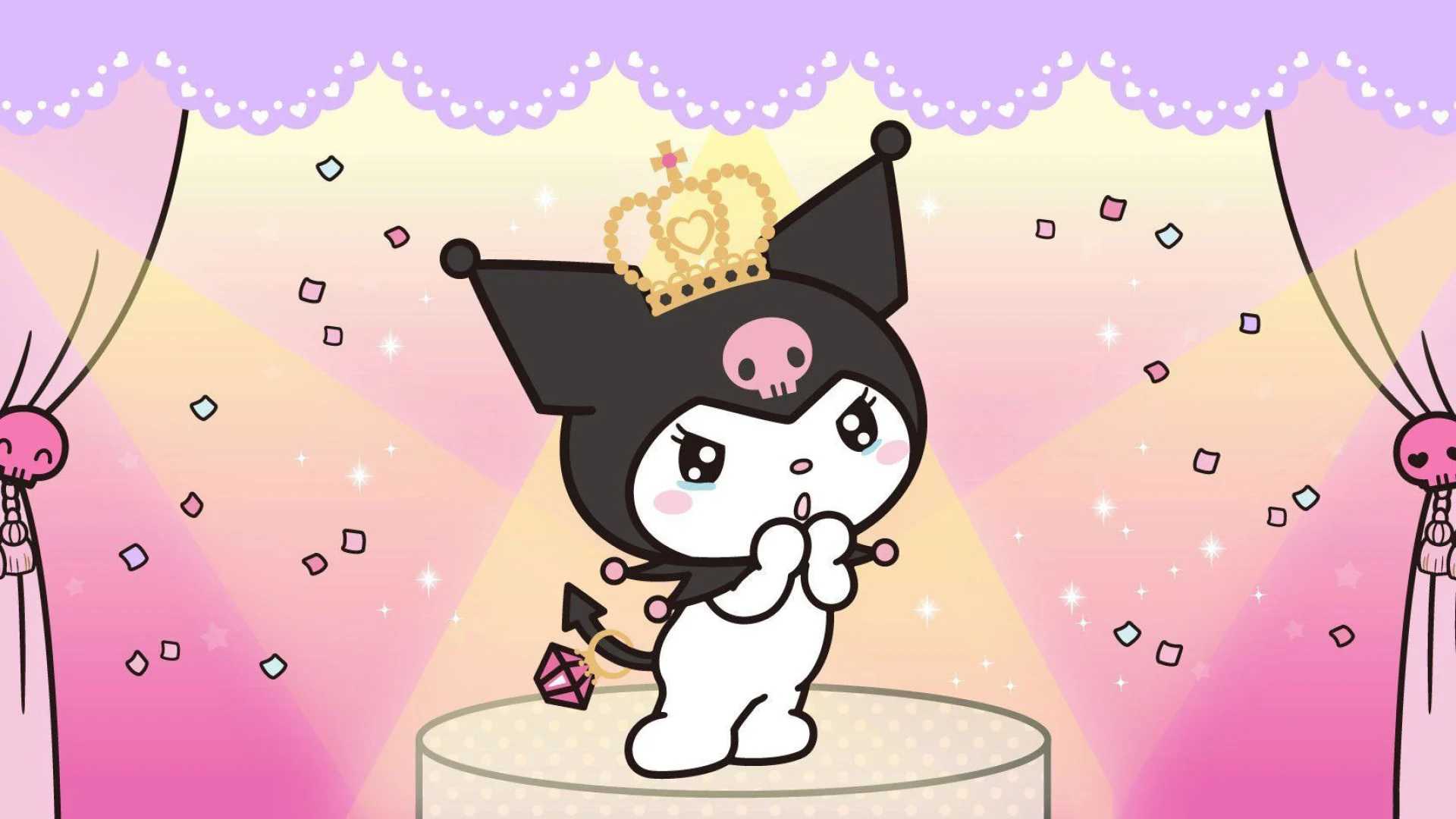 Kuromi is a black cat with a pink nose and pink cheeks. She is wearing a pink crown with a golden star on top. She is standing on a white pedestal and has her right hand on her chest and her left hand on her chin. She is looking up at the sky with a smile on her face. - Kuromi