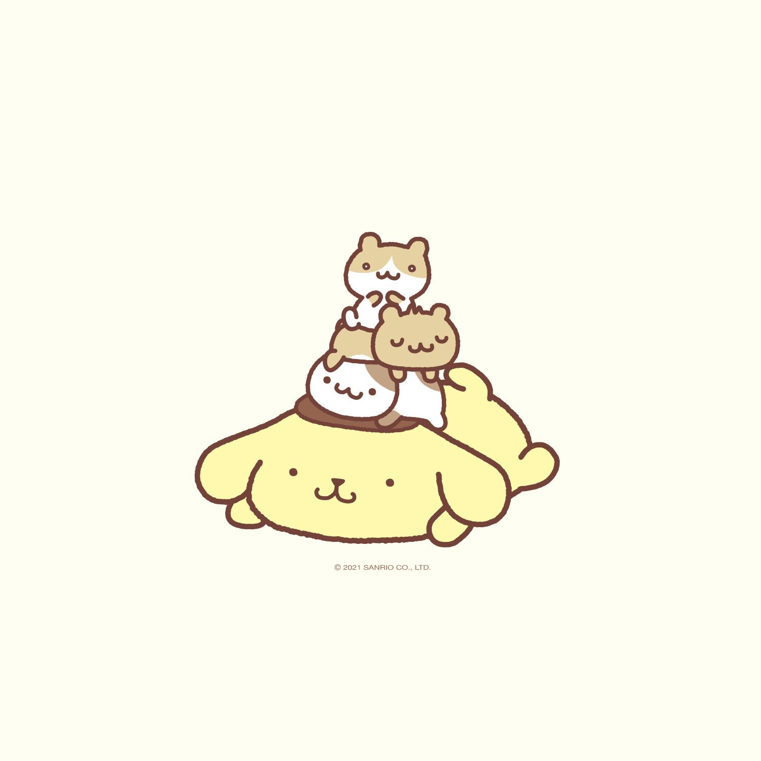 A cute illustration of a dog with three cats on top of it. - Sanrio