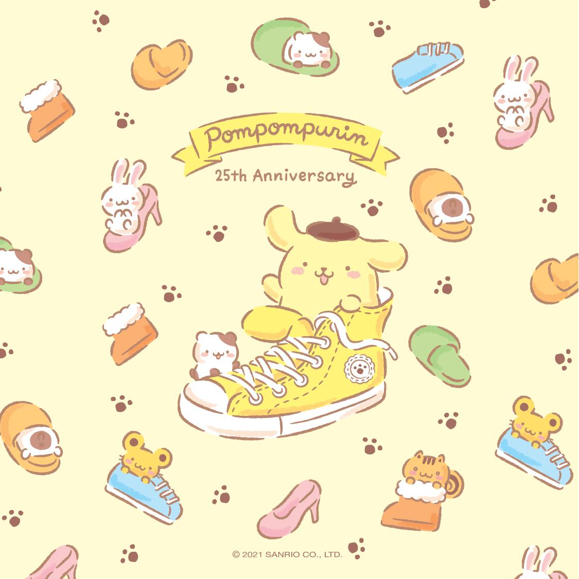 Sanrio's Pompompurin is seen in a Converse sneaker surrounded by other cute illustrations of the character. - Sanrio