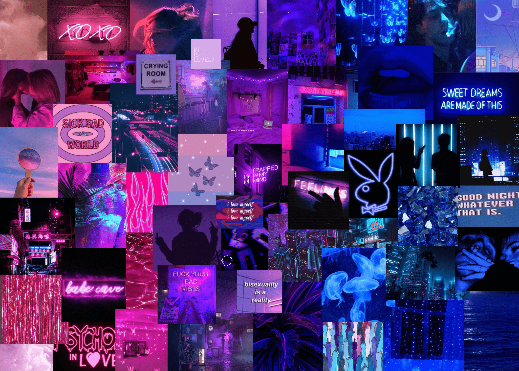 A collage of aesthetic pictures with a purple and blue theme - Laptop, cool, science, bisexual, collage