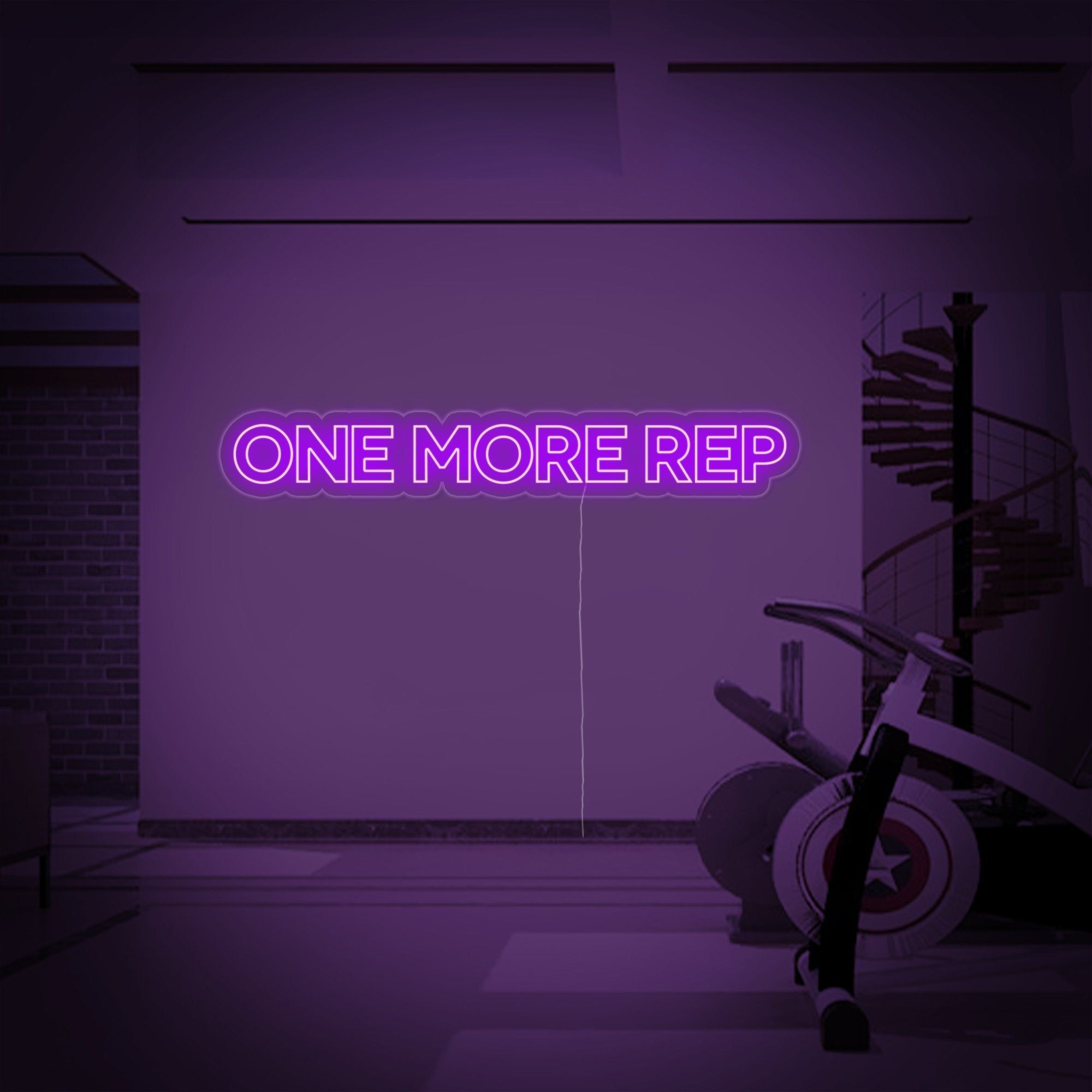 A purple neon sign that says 'One More Rep' in all caps. - Gym