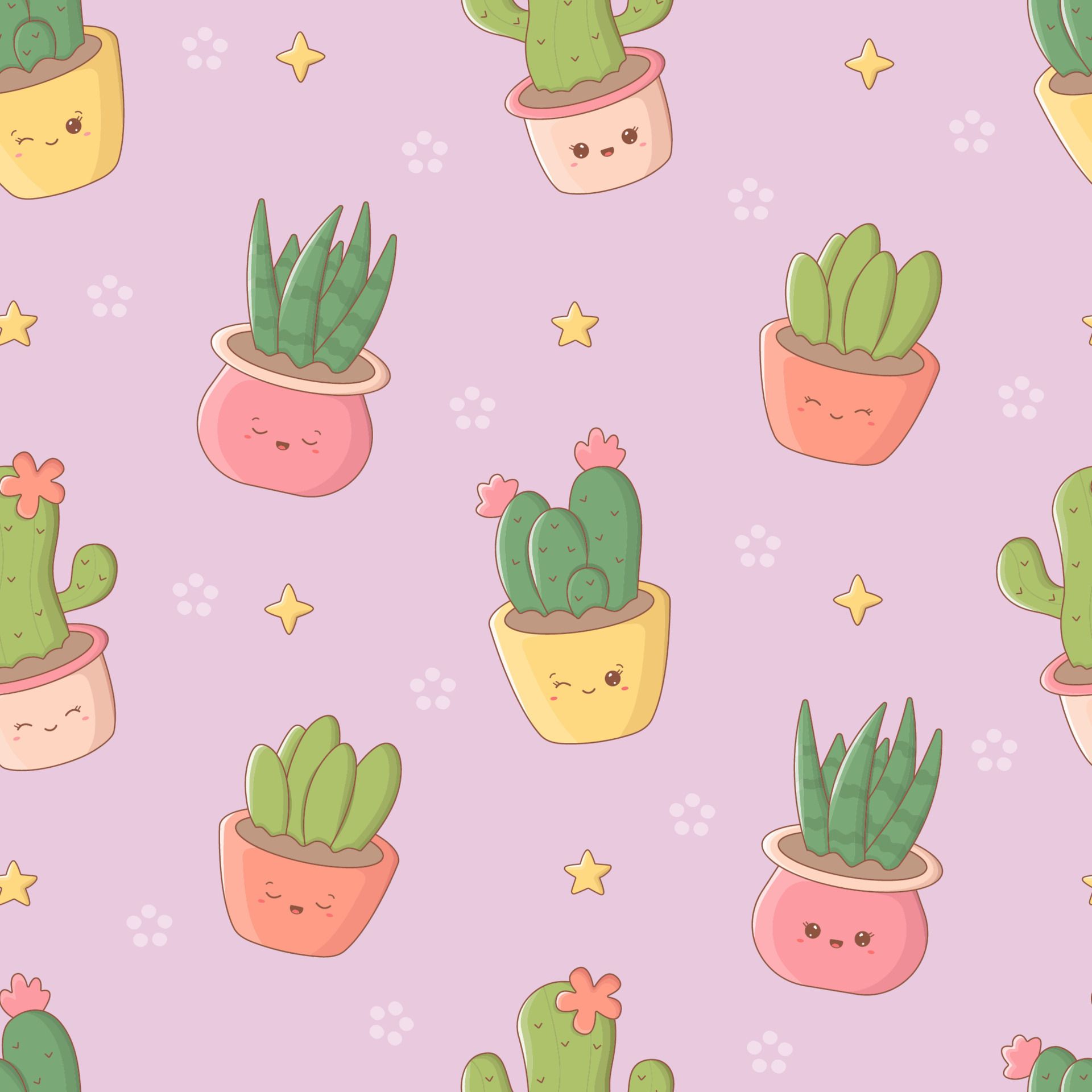 Seamless pattern with funny kawaii cacti and potted plants. Cute print for phone case, background, fashion, wrapping paper and textile. Vector Illustration