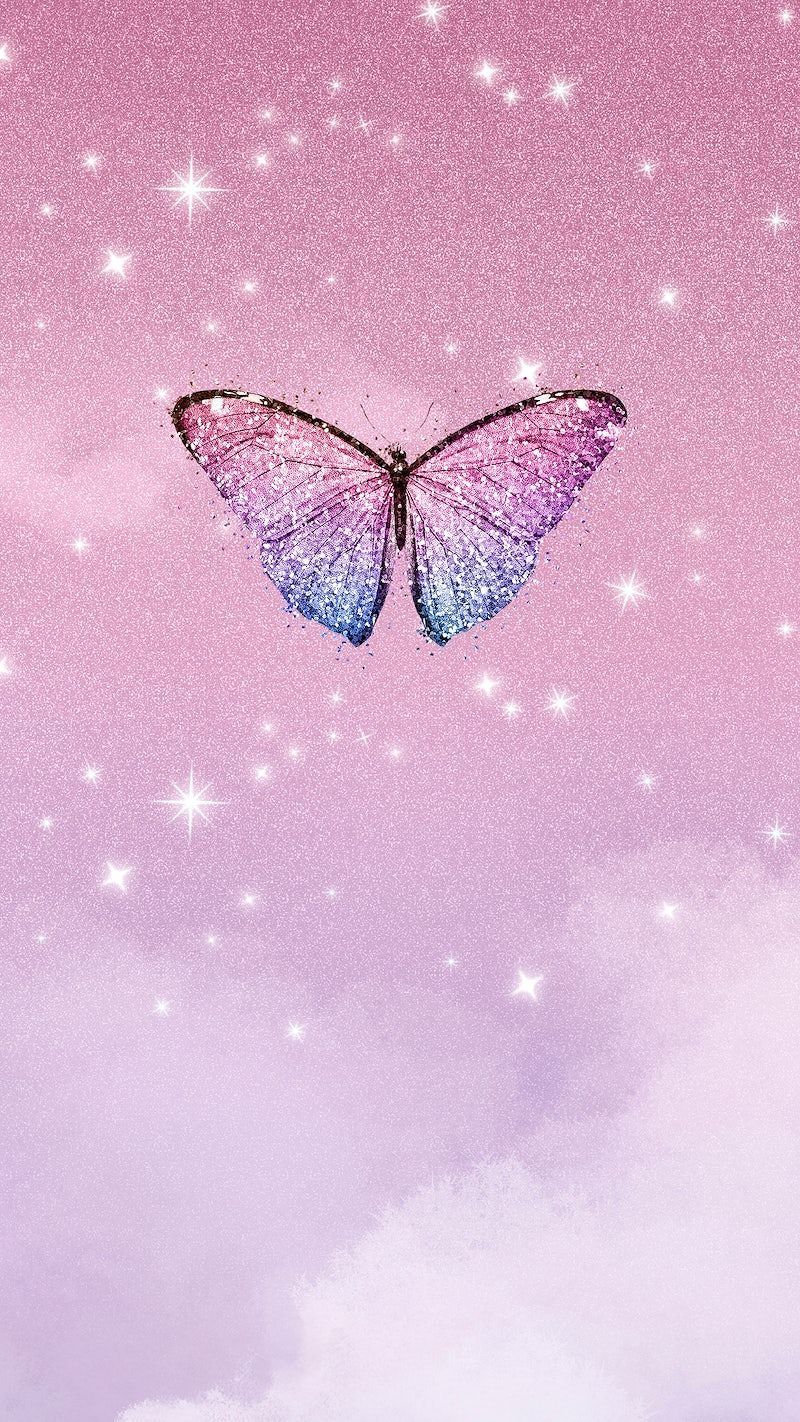 A pink and purple butterfly with stars in the background - Pink phone, butterfly, photography