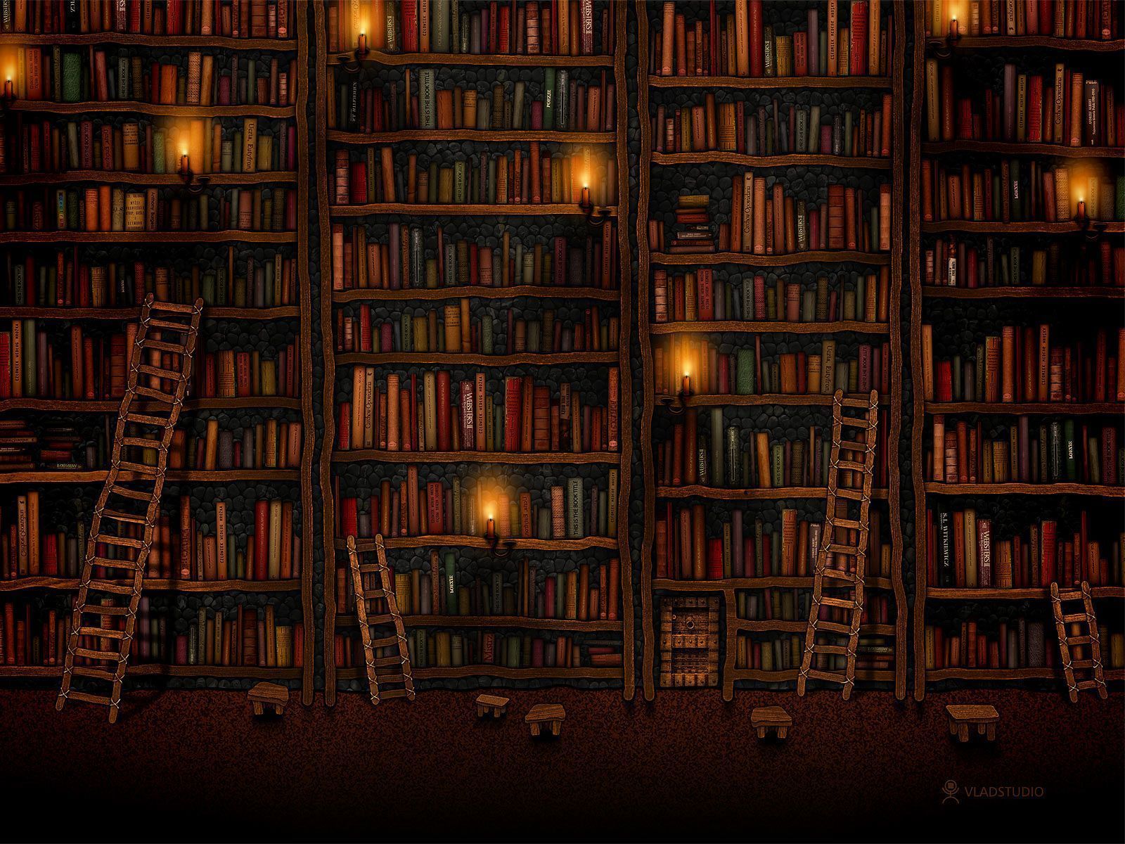 A large library with many books and ladders - Library, bookshelf