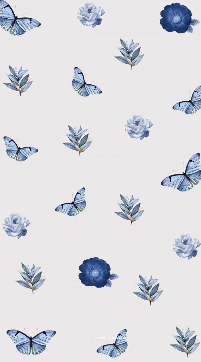 Butterfly wallpaper, blue butterflies, on a white background, phone wallpaper, flowers and leaves - Butterfly, spring, April