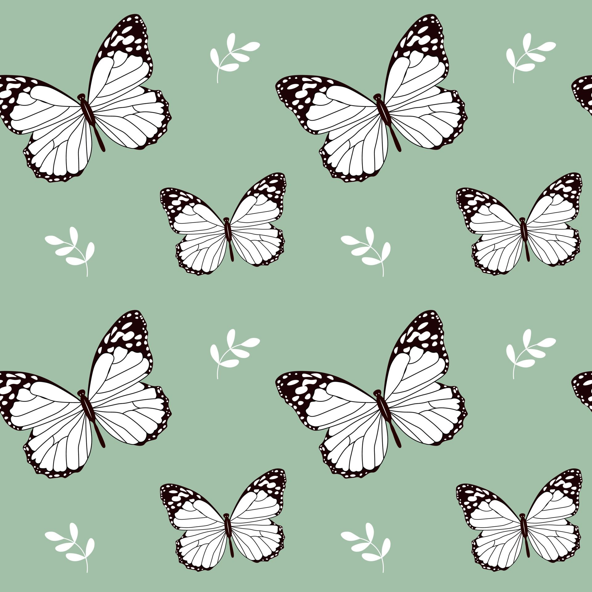 Seamless pattern, white butterflies and leaves on a gentle green background. Print, textile, wallpaper, decor for pastel linen