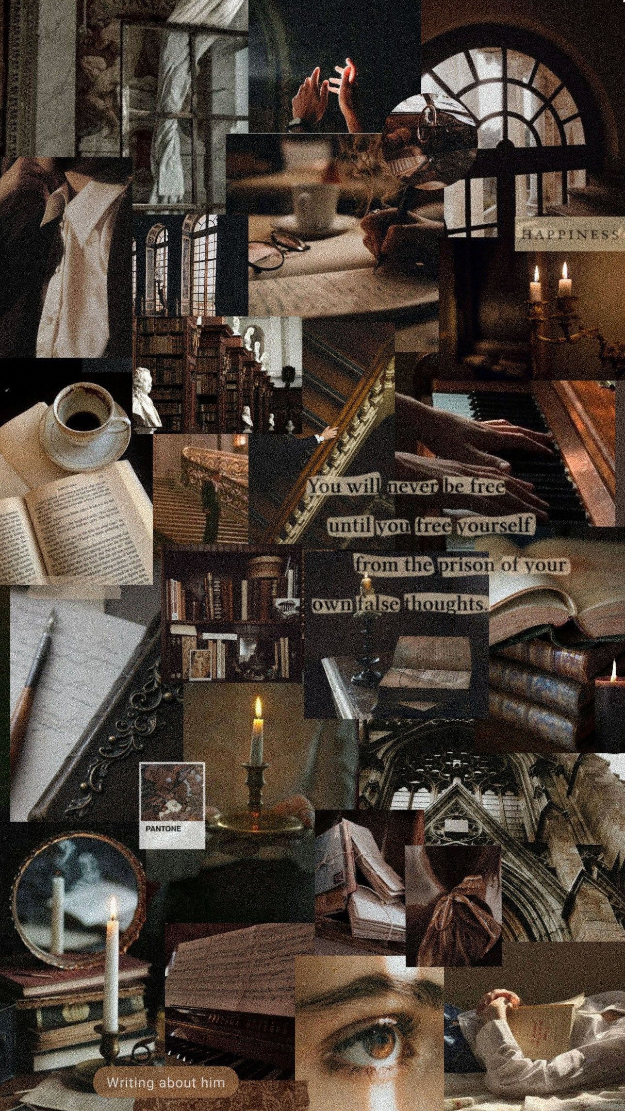 A collage of pictures with books and candles - Dark academia
