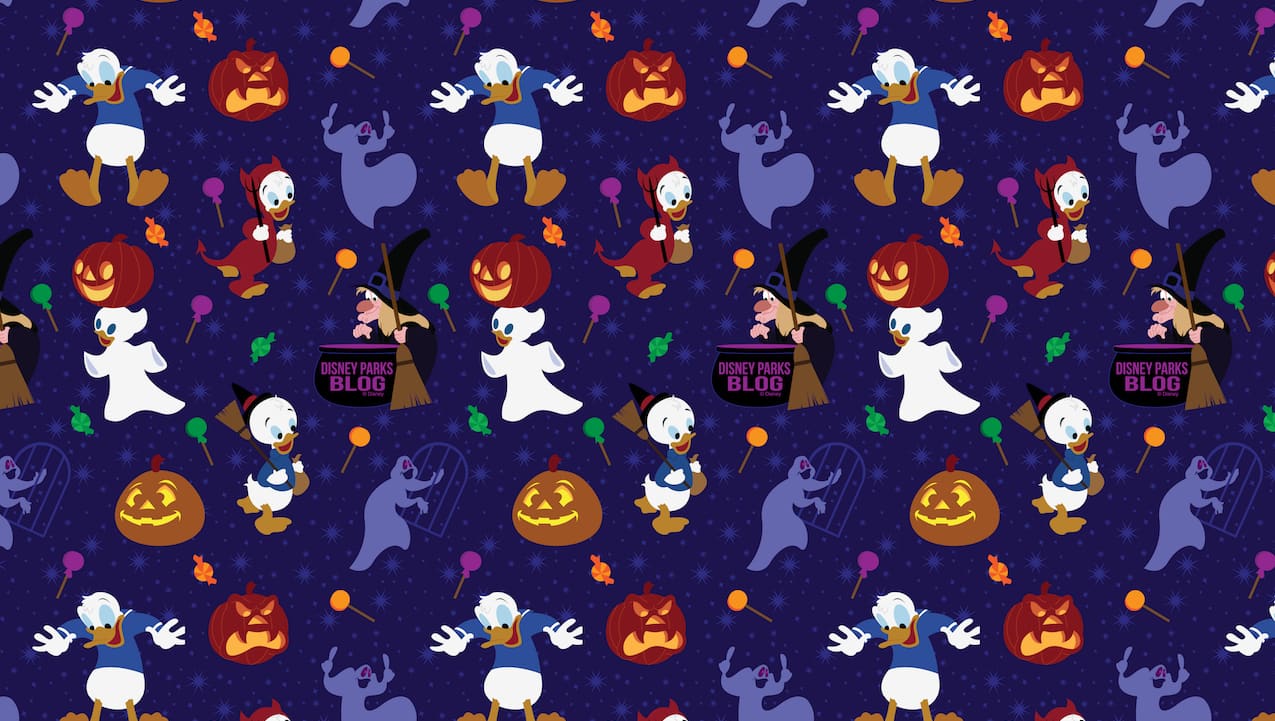 A dark blue Halloween-themed wallpaper featuring Scrooge McDuck, Webby, and various ghosts, pumpkins, and stars. - Duck