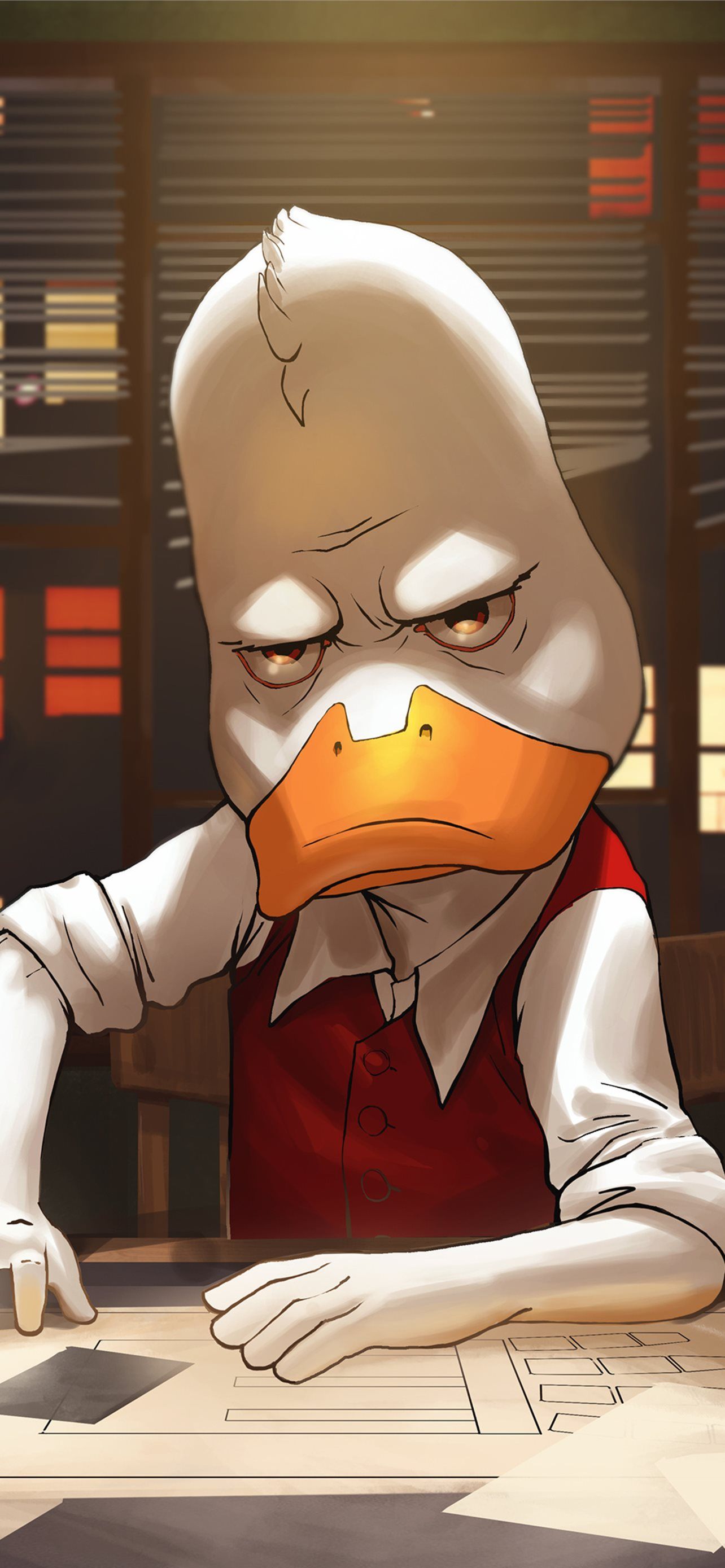 A cartoon duck sitting at table with papers - Duck