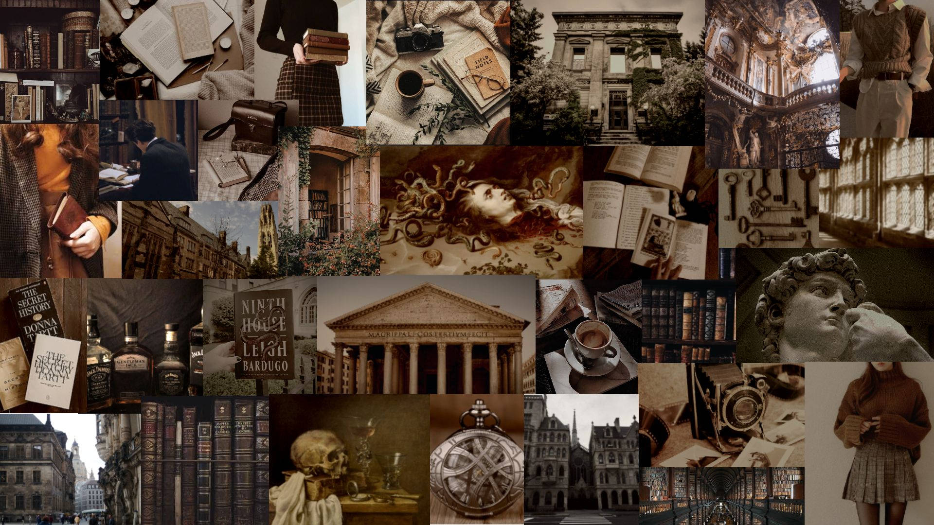 Aesthetic collage with a mix of book covers, antique photos, and vintage illustrations. - Dark academia, Greek mythology