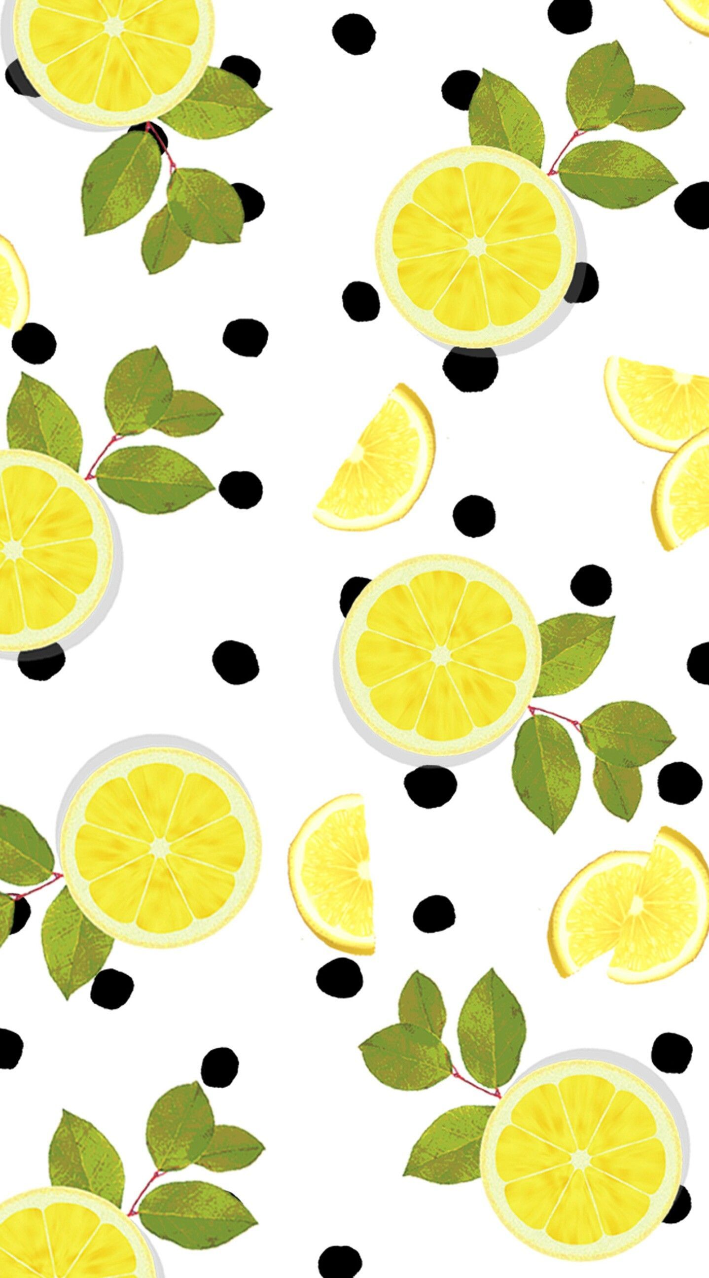 A phone wallpaper with a pattern of lemon slices and leaves. - Lemon