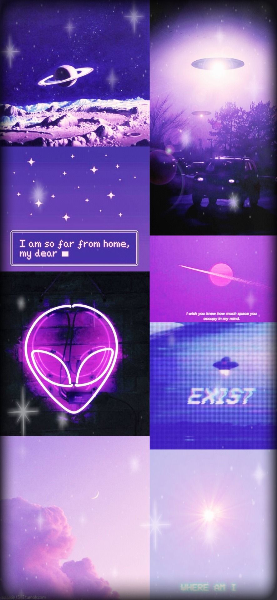 A collage of purple and blue images with alien spaceships - Alien