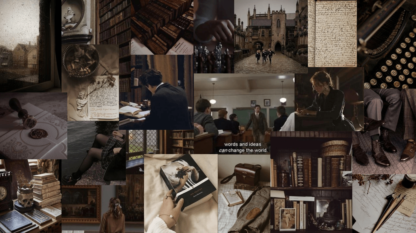A collage of pictures with books and people - Dark academia