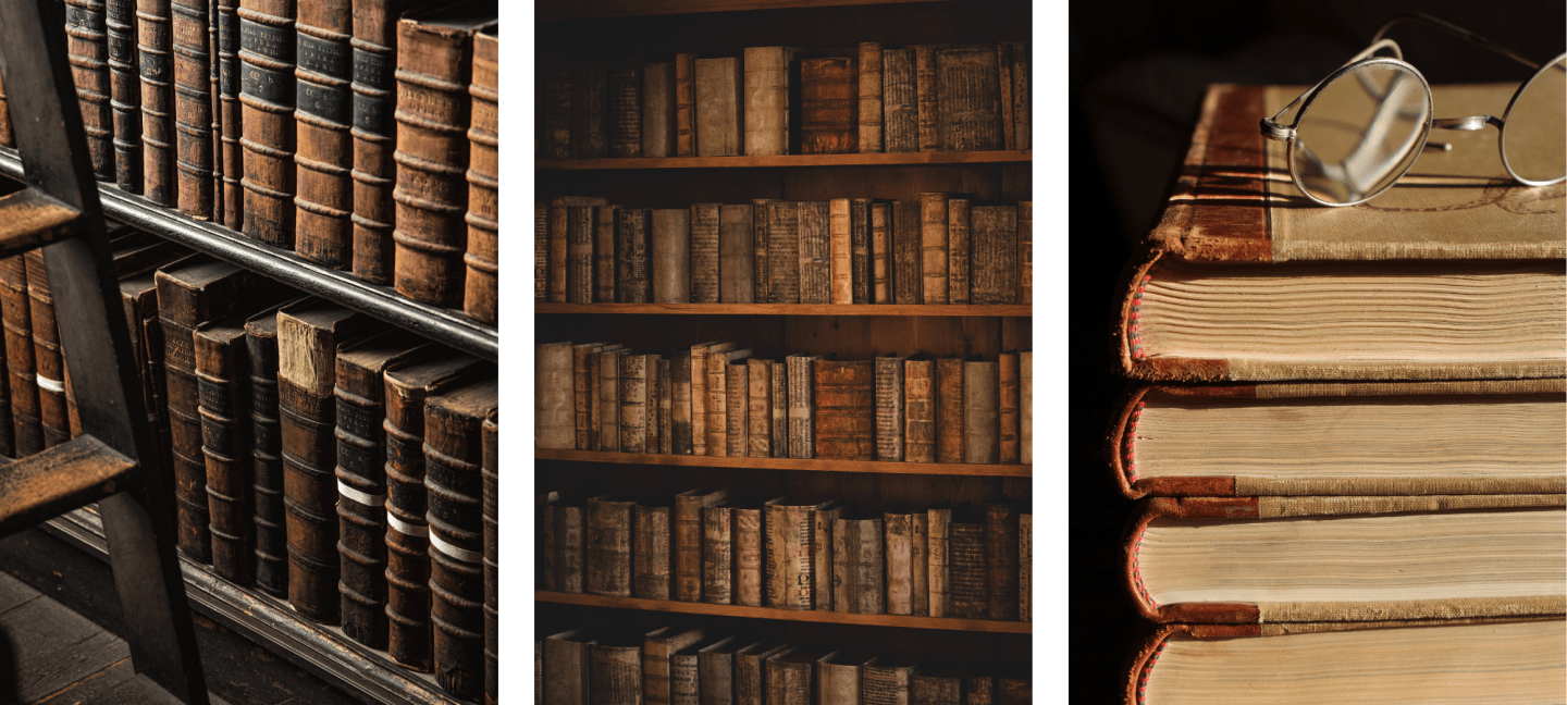 A set of three pictures showing books - Bookshelf, dark academia