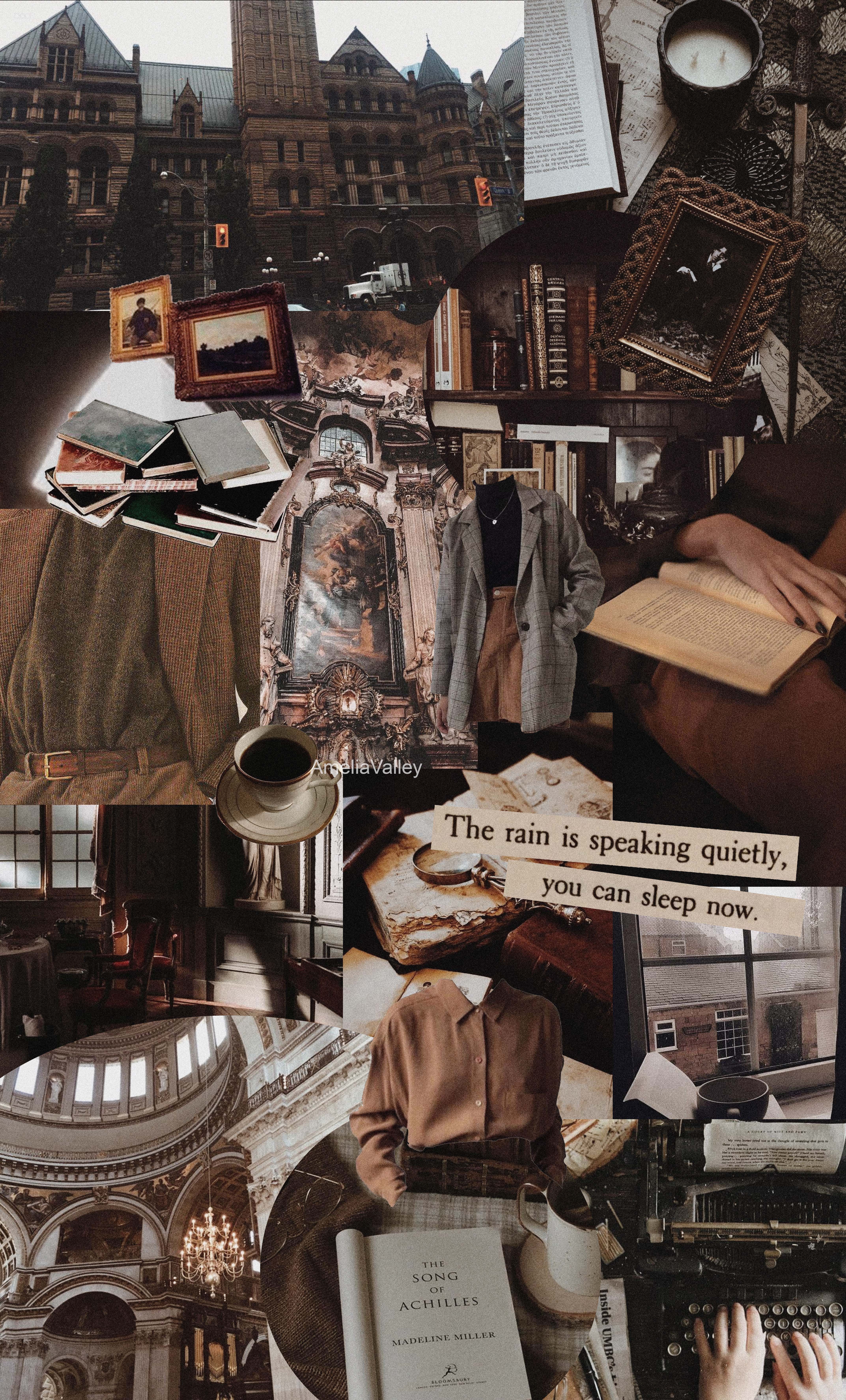 Aesthetic collage of vintage books, brown suit jackets, a cathedral, and a typewriter. - Dark academia