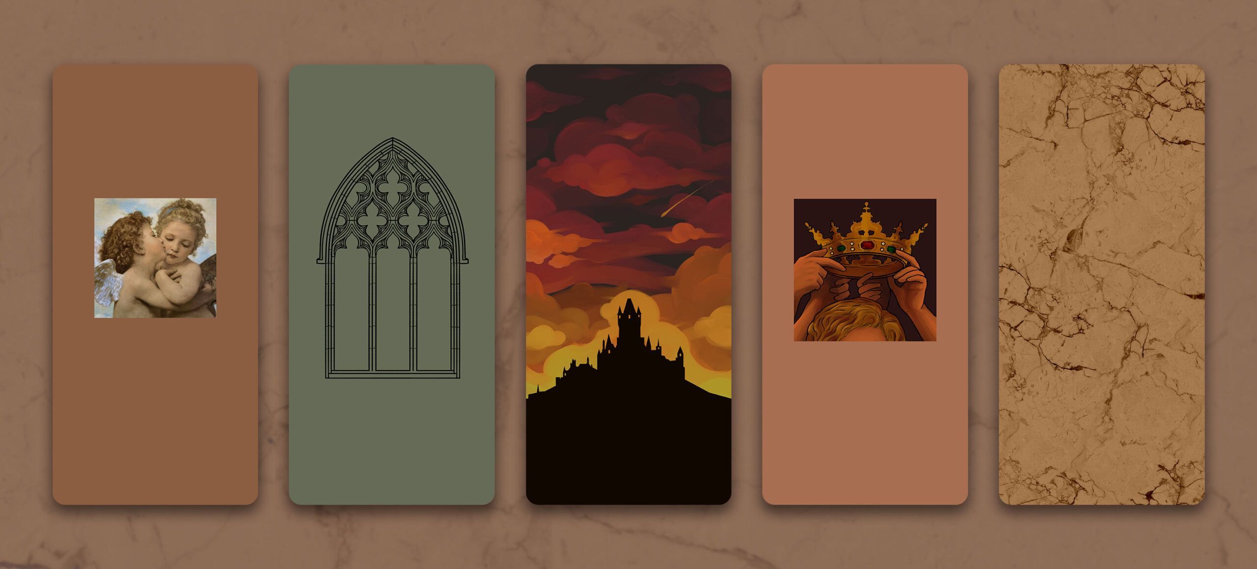 Five tarot cards are displayed on a brown background. - Dark academia