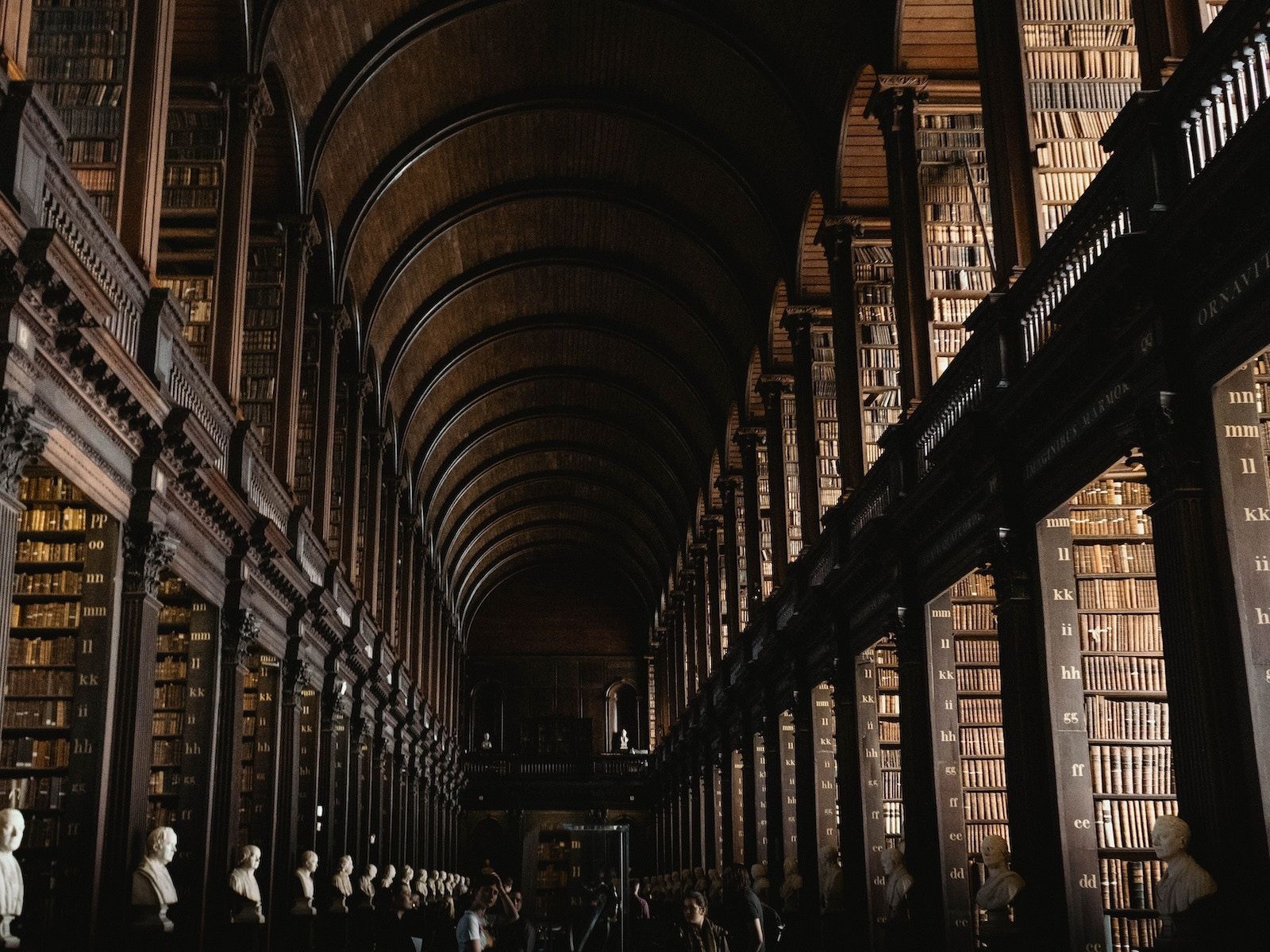 A large library with many books and people - Dark academia
