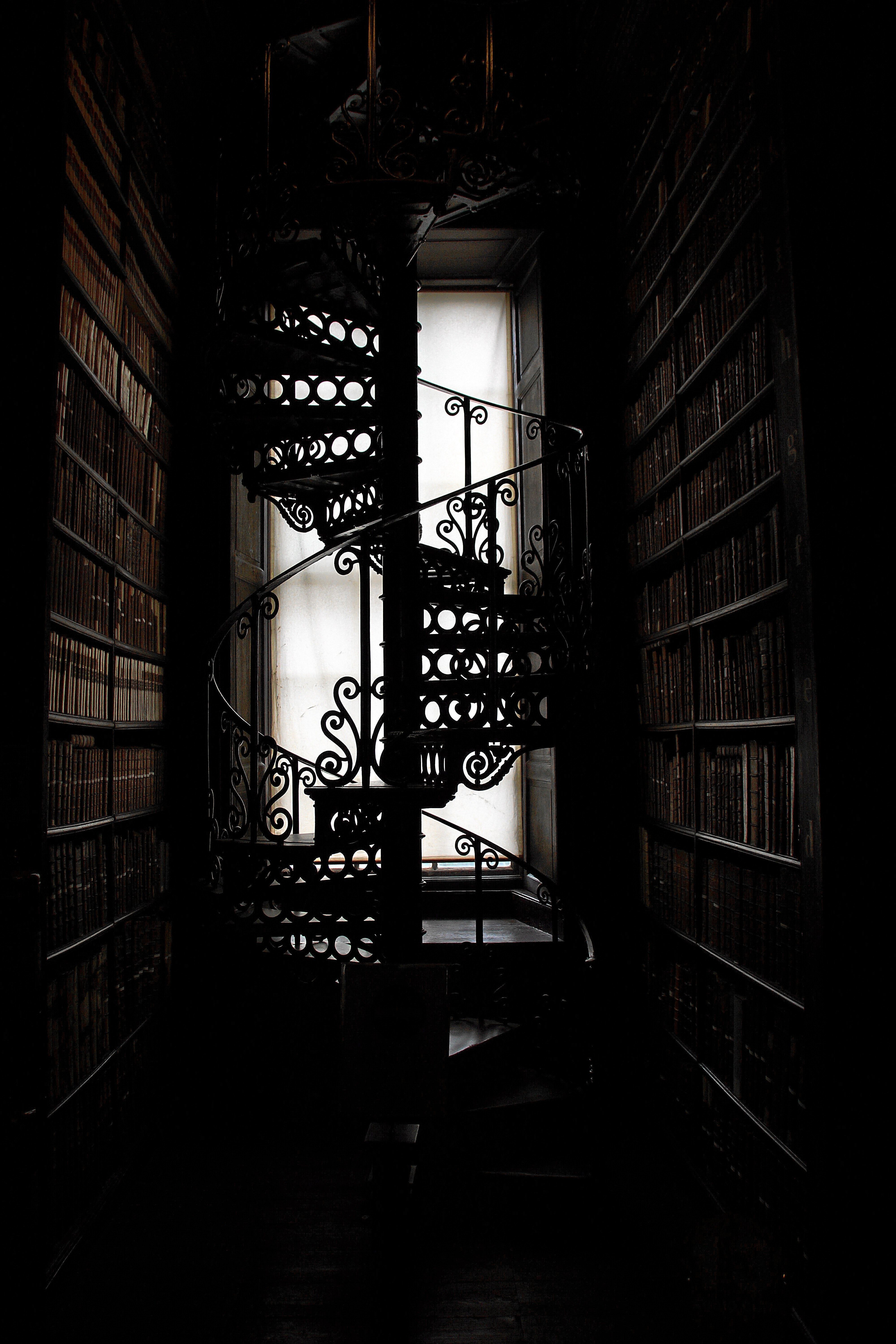 A spiral staircase in the middle of books - Dark academia