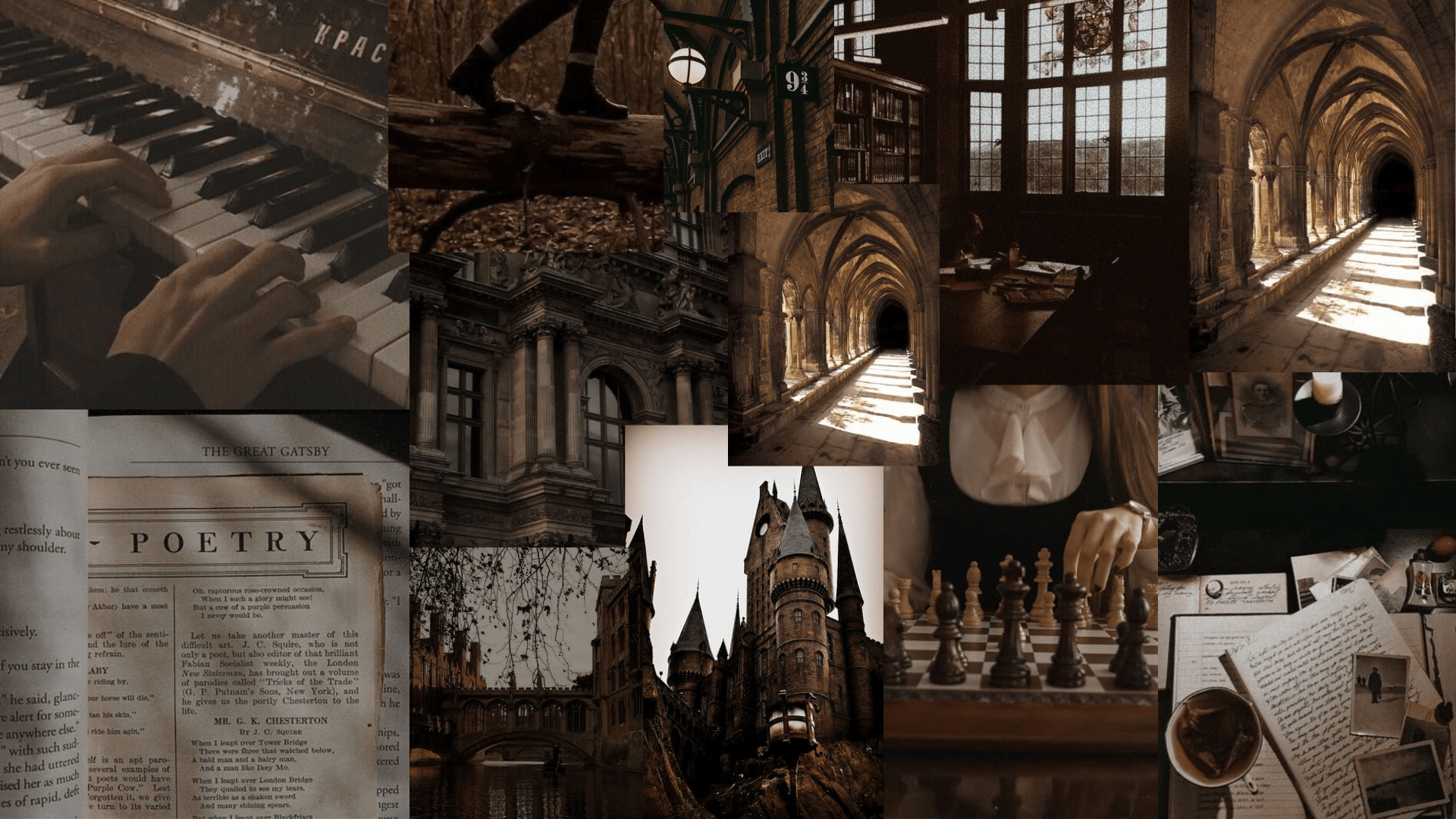 A collage of images, including a book, a cathedral, a chessboard, and a piano. - Dark academia