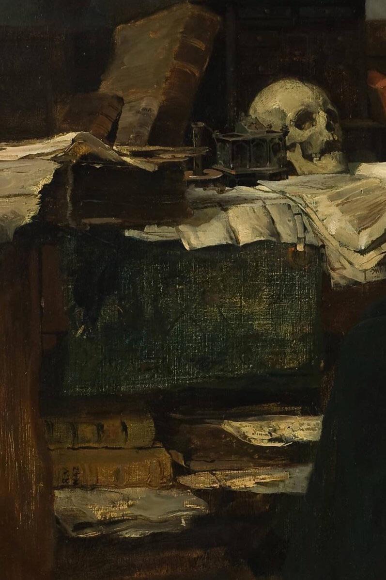 An oil painting of a skull and books - Dark academia
