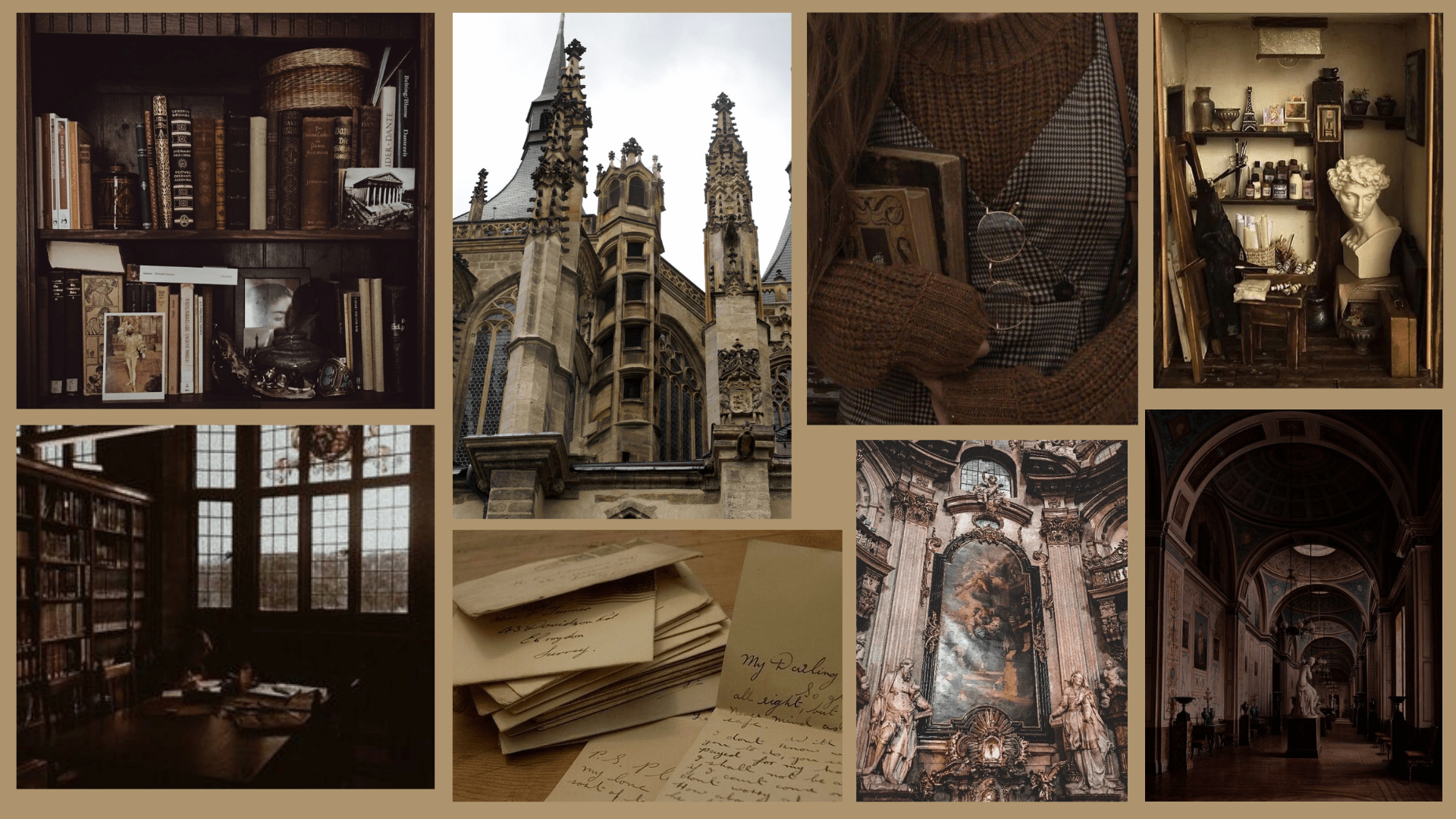 A collage of pictures with different buildings in them - Dark academia