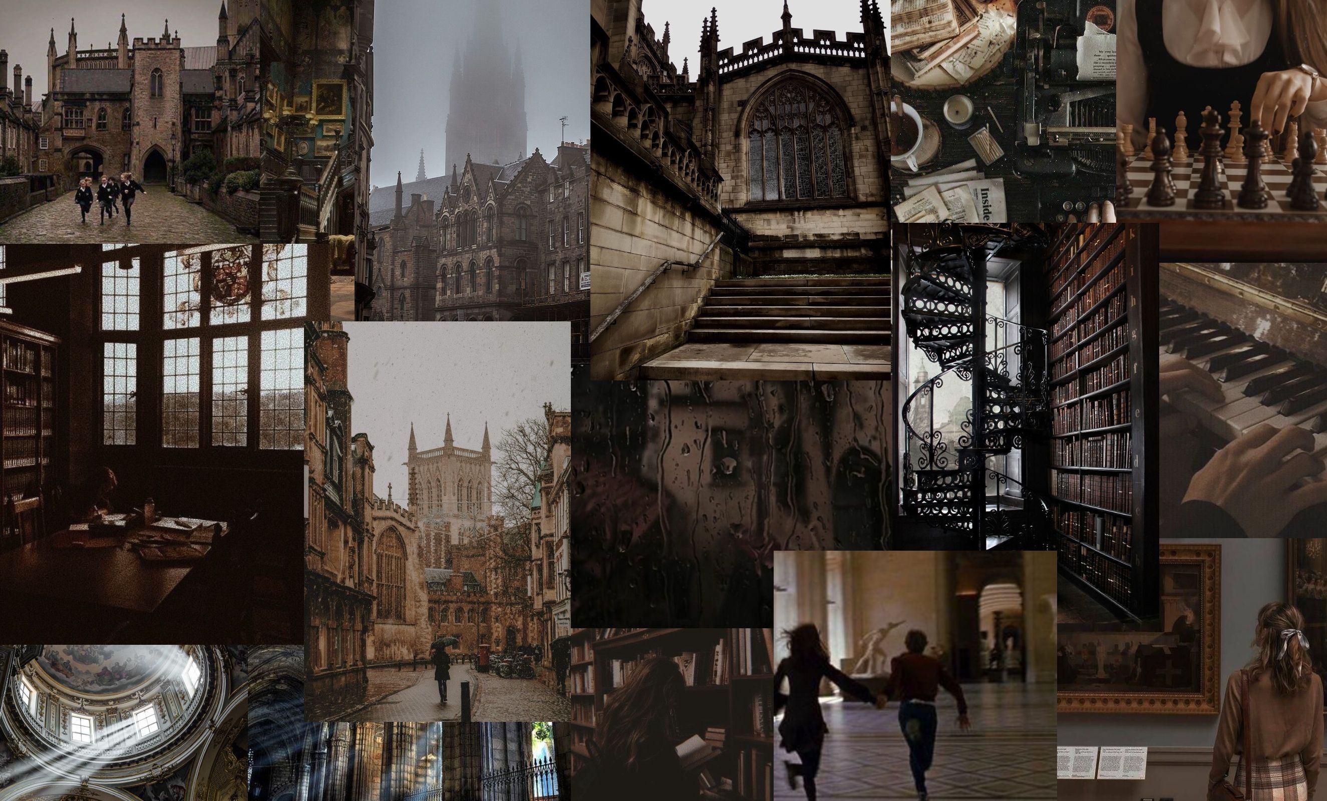 A collage of images of Oxford University, including a cathedral, a library, and a staircase. - Dark academia, architecture