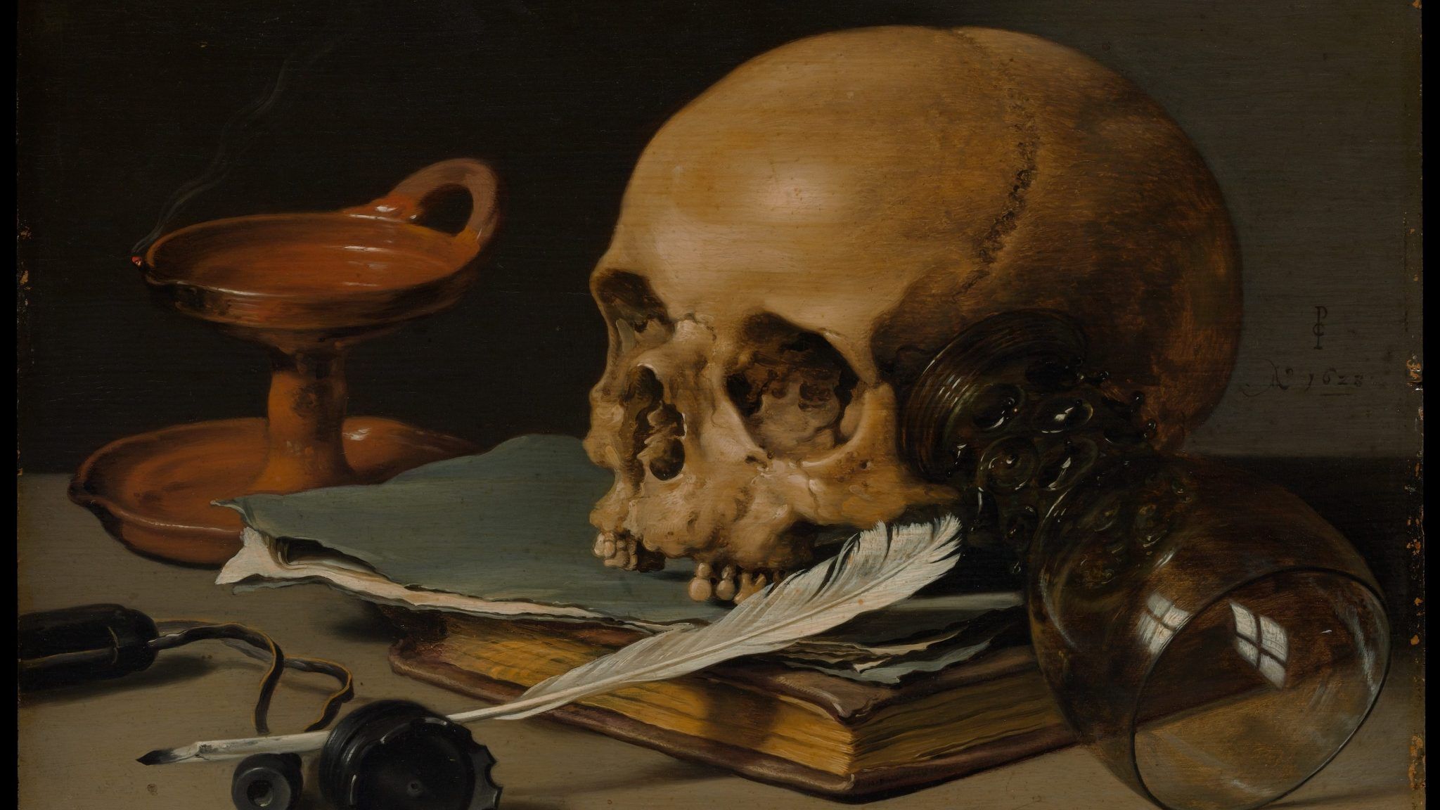 A painting of an old skull and some books - Dark academia