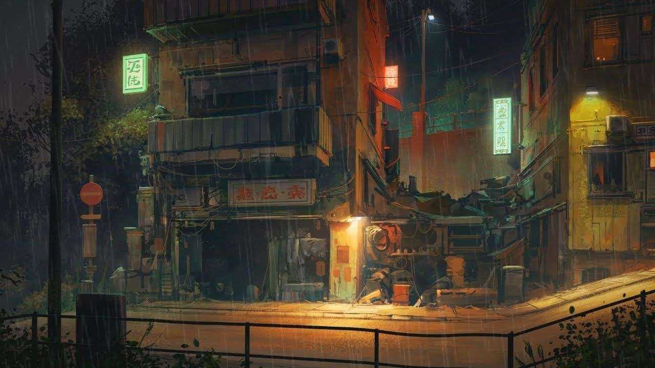 Cyberpunk street at night with neon signs and a character sitting on the stairs - Lo fi