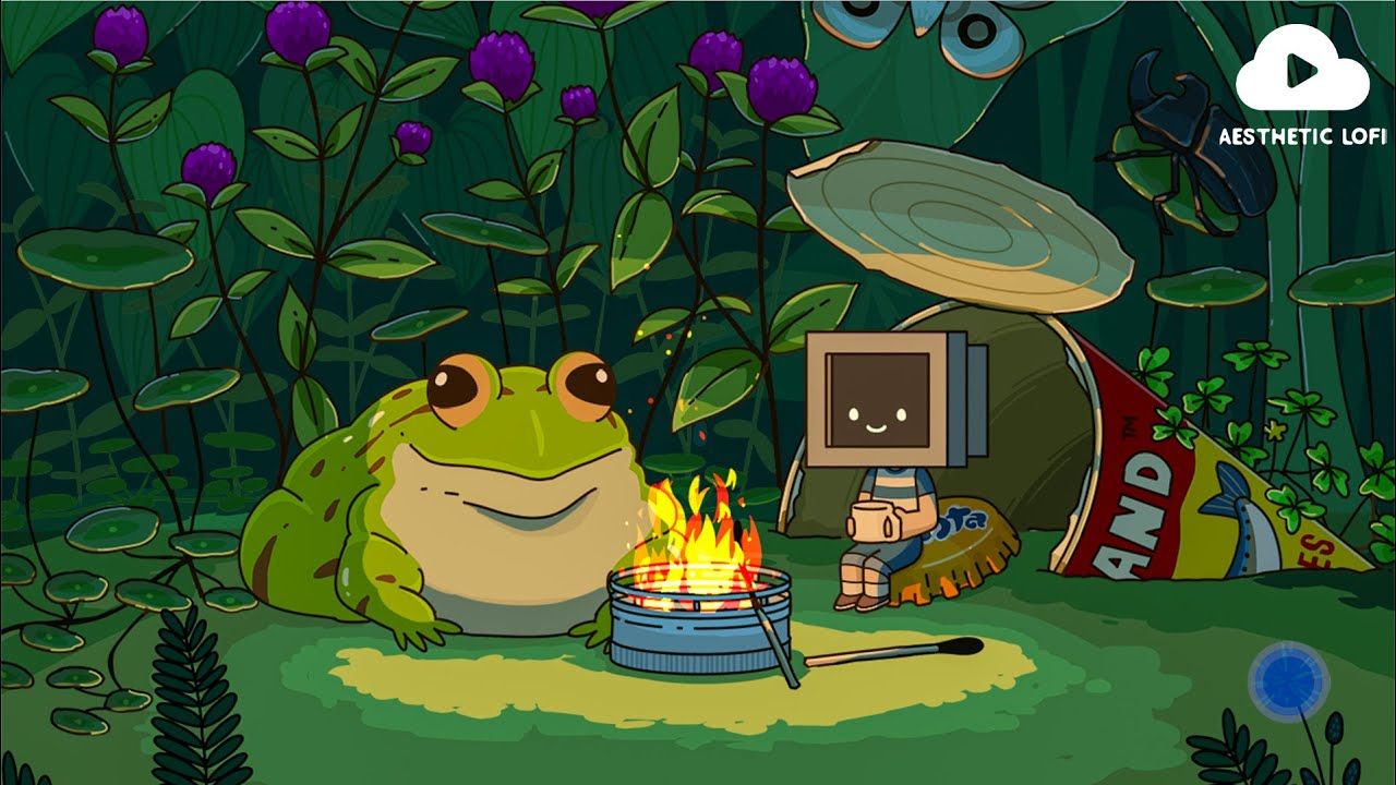 A frog and a boy are sitting by a campfire in the forest. - Lo fi