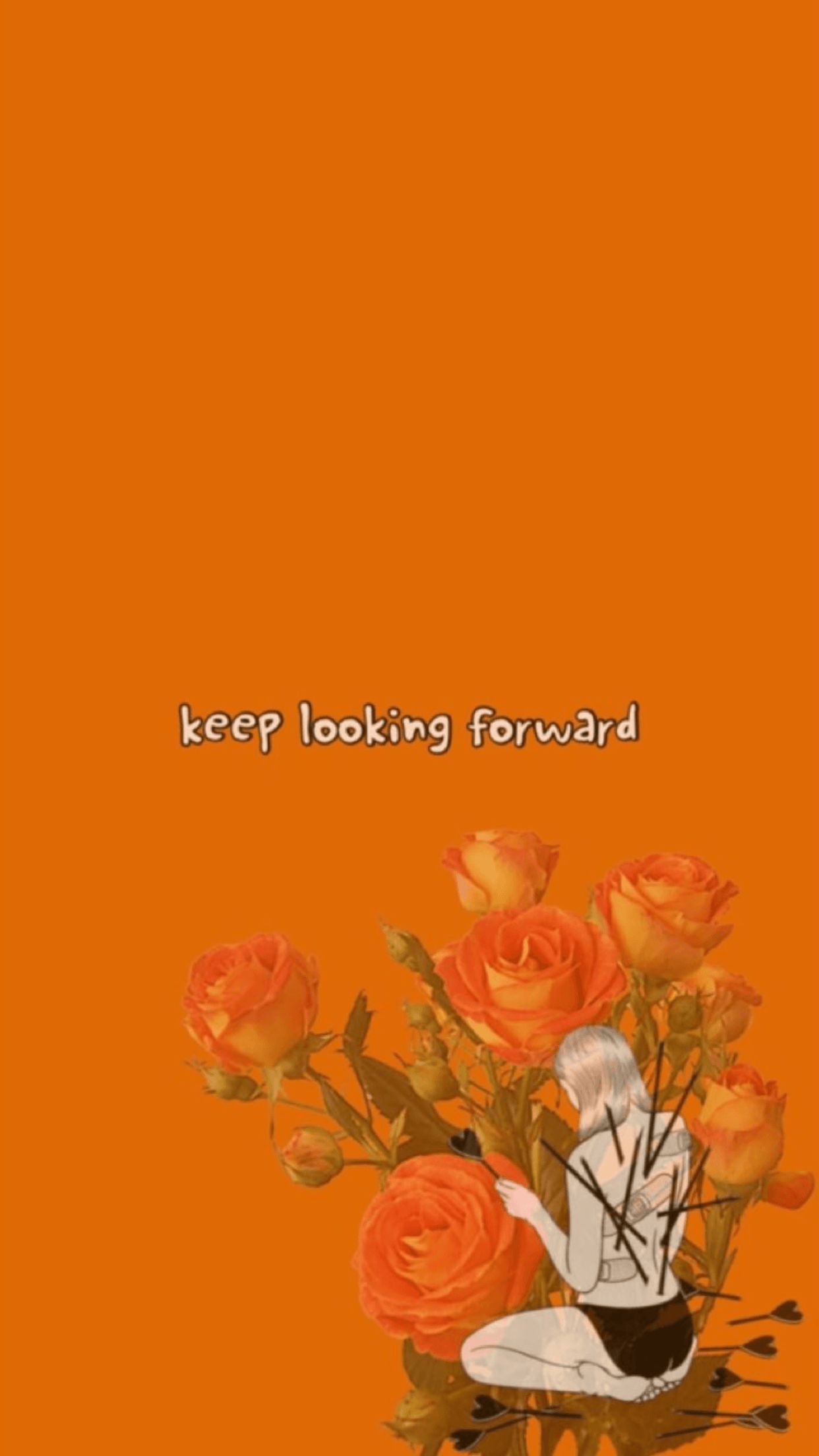 Keep looking forward, an orange background with a girl sitting on the ground and roses around her - Pastel orange, orange, neon orange
