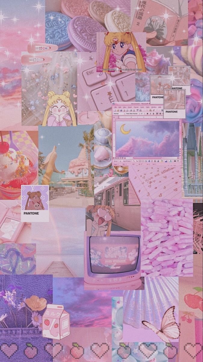 A collage of pictures with pink backgrounds - Pink anime
