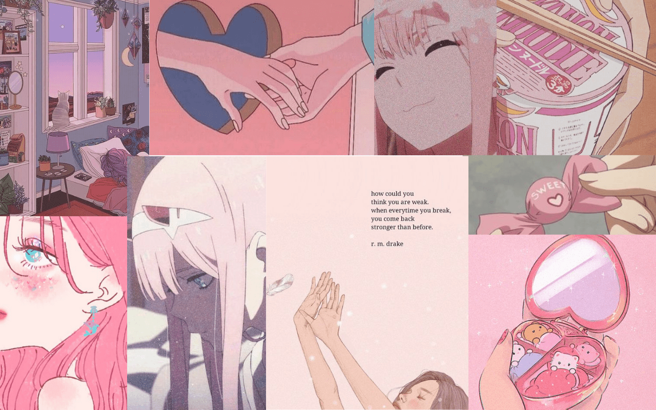 Aesthetic collage of anime, quotes, and pink background - Pink anime