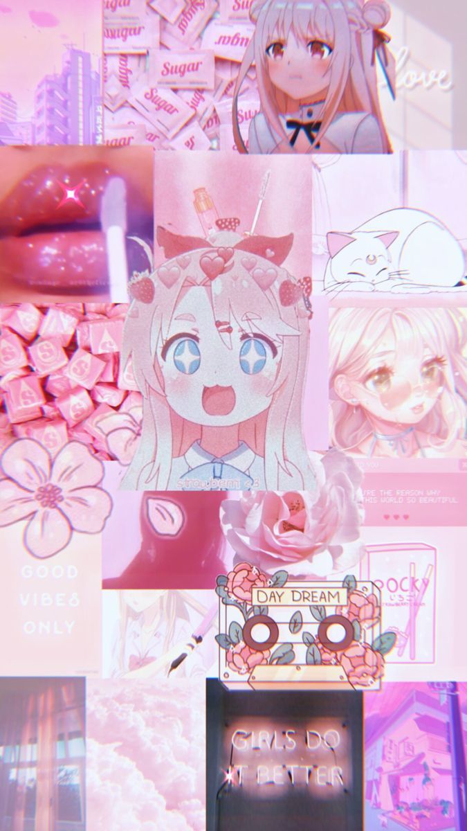 A collage of anime characters in pink - Pink anime