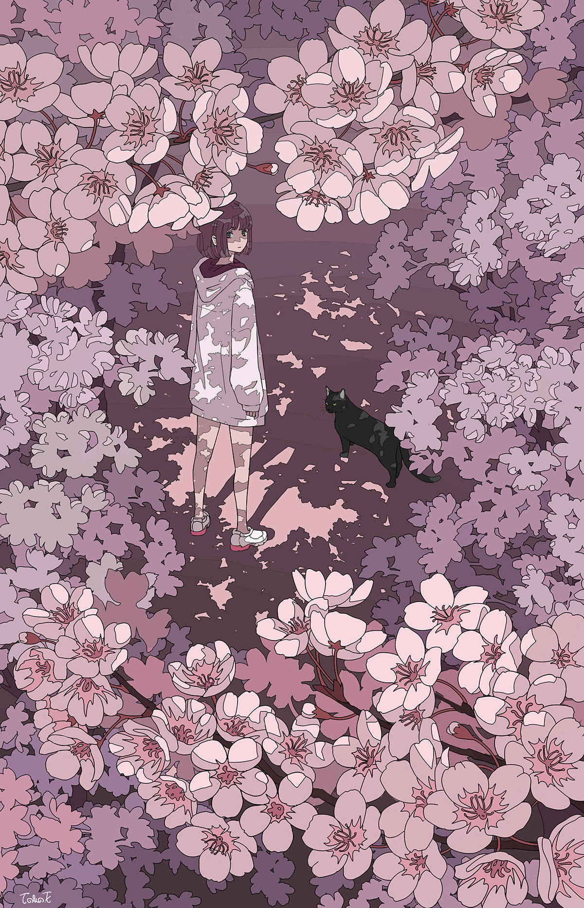A digital illustration of a girl and her black cat walking through a cherry blossom forest. - Pink anime