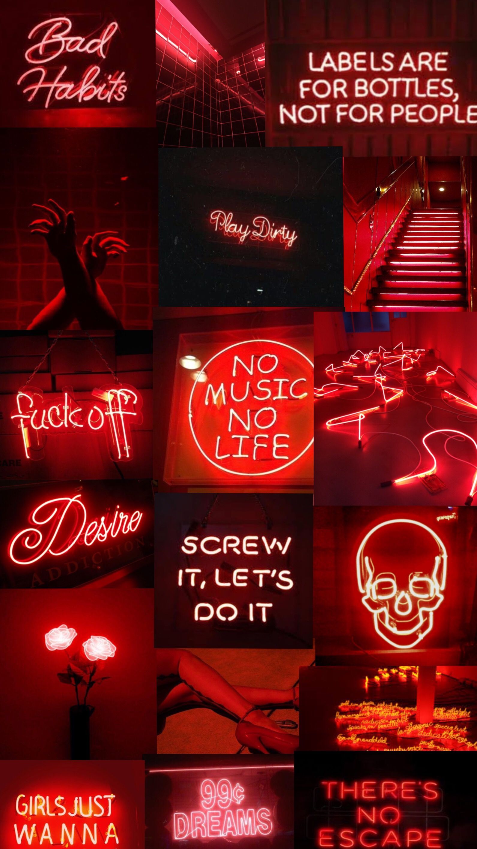 A collection of neon signs with different words on them - Neon red