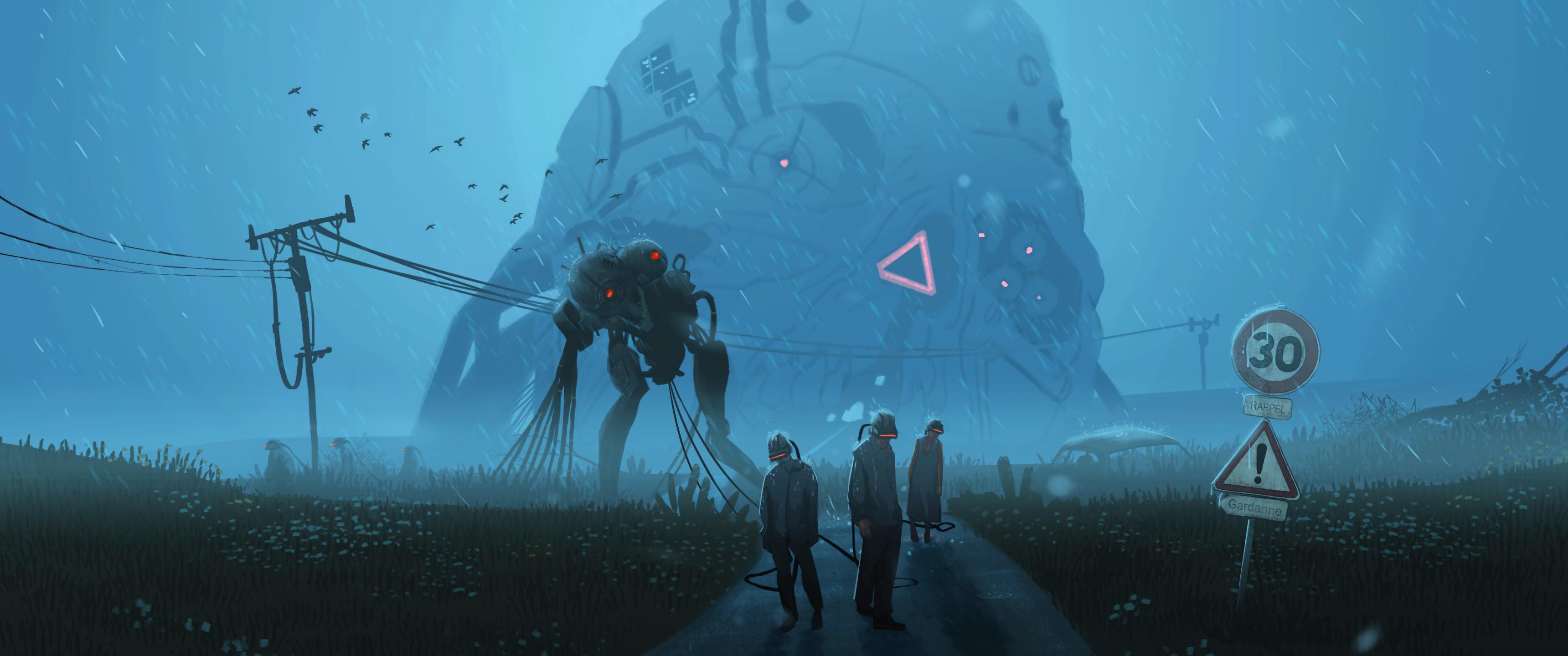 A giant robot with glowing red eyes stands on a country road, surrounded by three humans. - 3440x1440