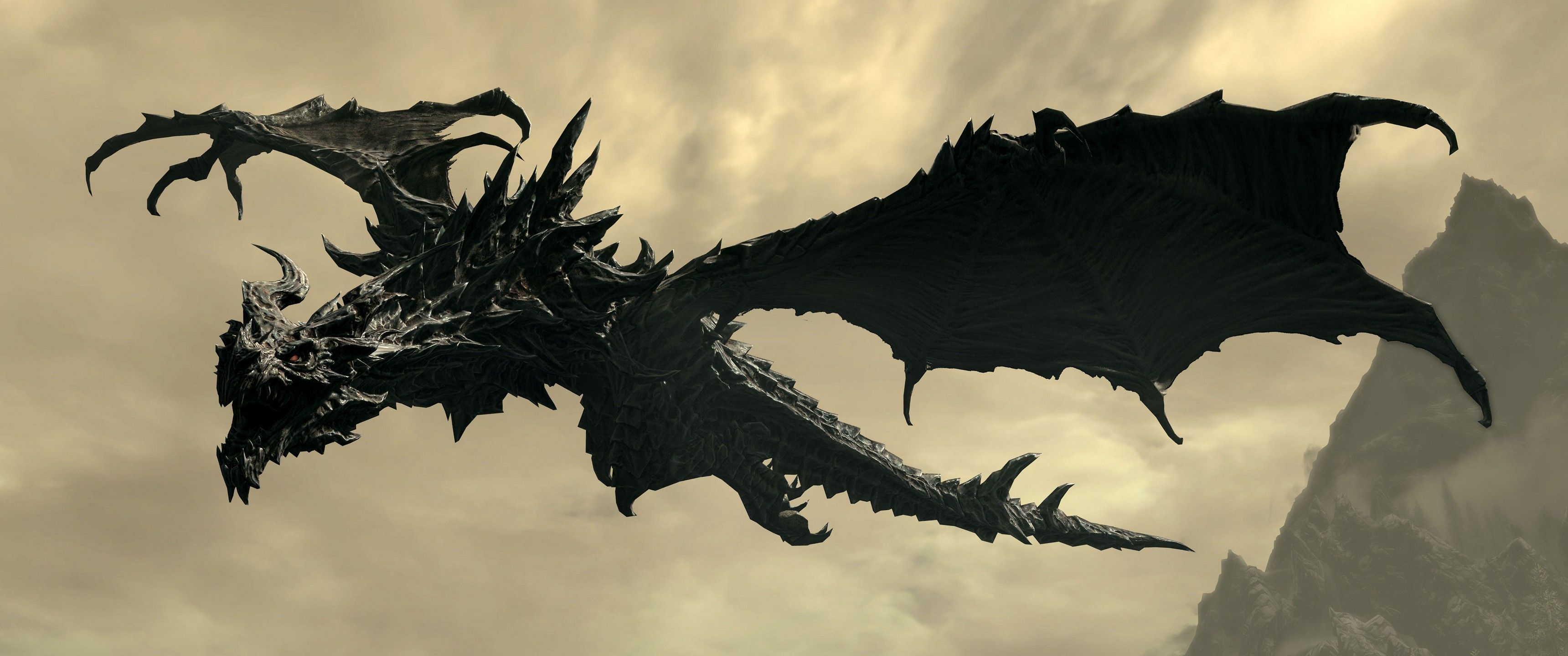 A black dragon soars through the sky in Elder Scrolls V: Skyrim. - 3440x1440